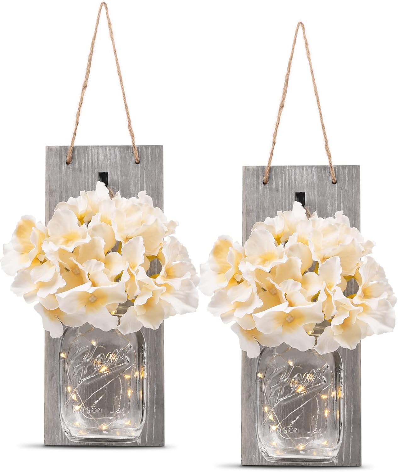 HOMKO Rustic Wall Decor, Mason Jars Wall Sconces, with Remote Control LED Lights and Flowers, Hanging Rural Farmhouse Kitchen Bathroom Bedroom Living Room Home Decor (Set of 2) -Rustic Brown