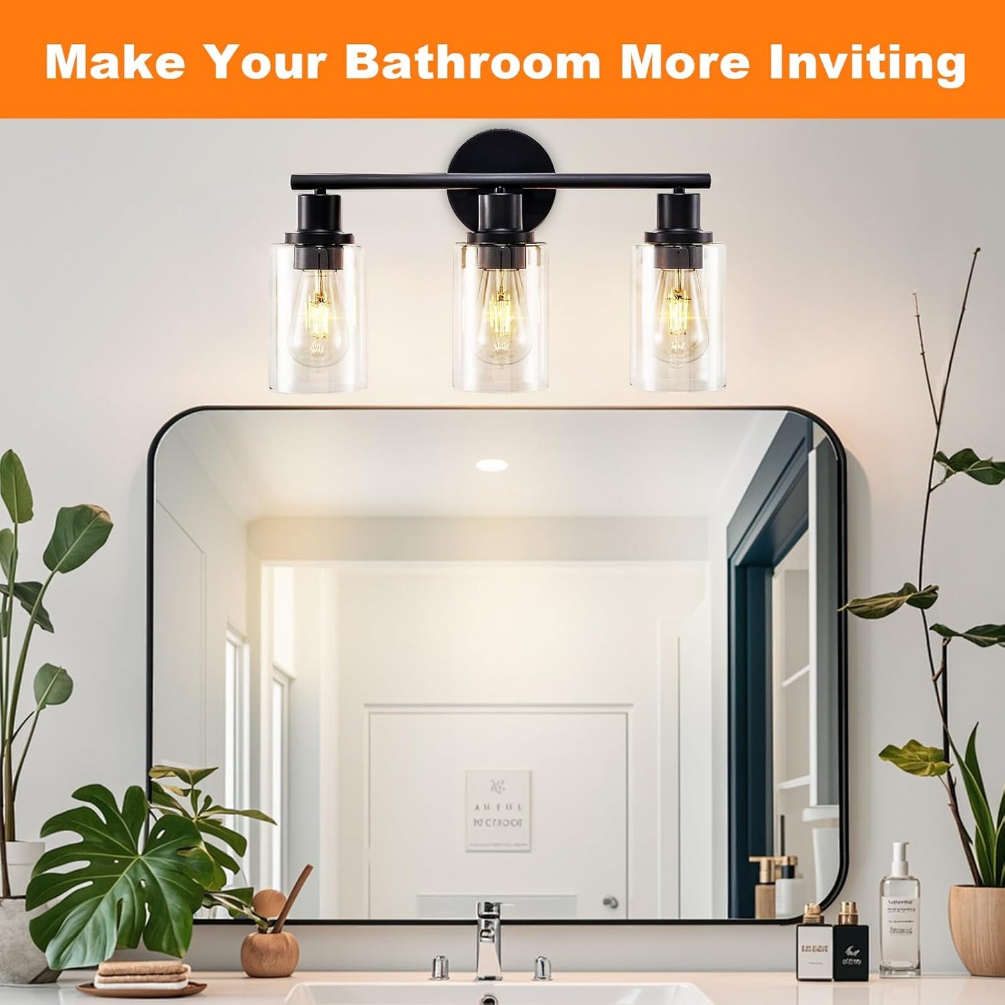 DLLT 3-Light Bathroom Light Fixtures: Black Modern Vanity Lights with 3 E26 Bulbs Base - Clear Glass Shade Bathroom Wall Lamp for Mirror Kitchen Living Room - 2 Packs