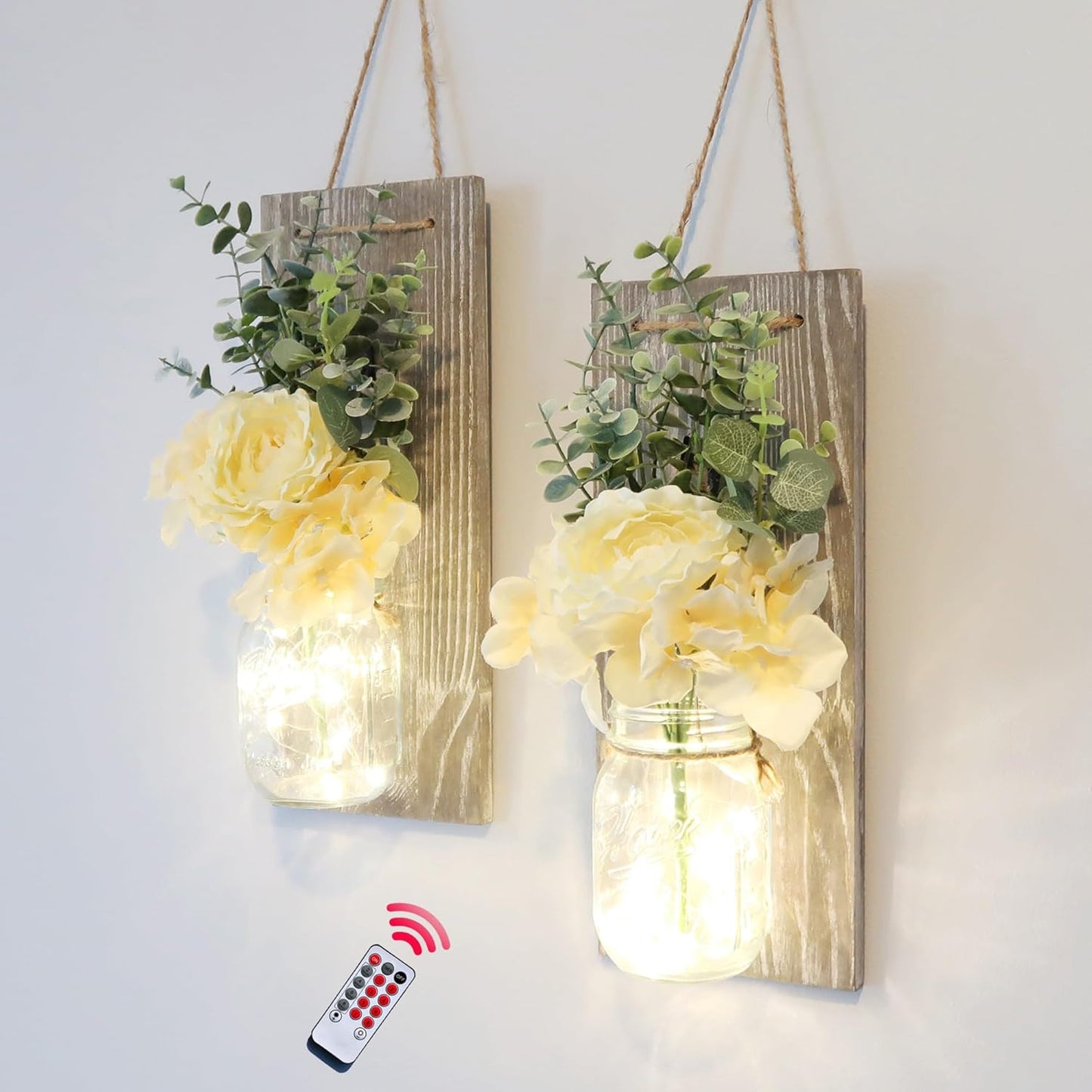 Besuerte Farmhouse Wall Decor for Living Room Rustic Mason Jar Wall Sconces Set of 2 for Home Living Room Bedroom Decorations with Rose Bouquet Flowers and Remote LED Fairy Lights (Large Jacobean)