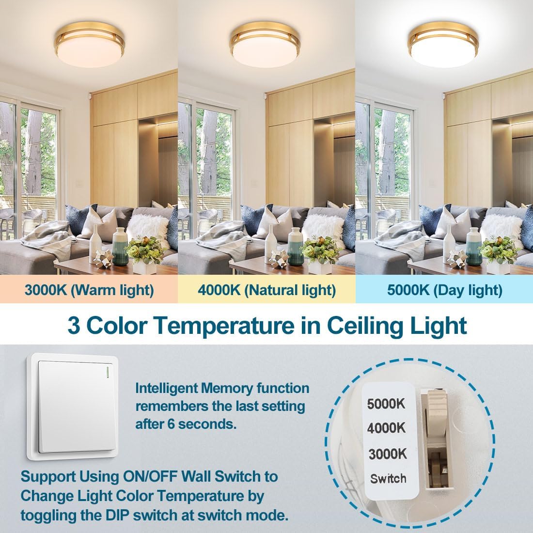 2Pack LED Flush Mount Ceiling Light Fixture 13" 20W, 3000/4000/5000K Color Selectable, Dimmable Ceiling Lamp for Kitchen, Hallway, Stairwell, Gold, ETL