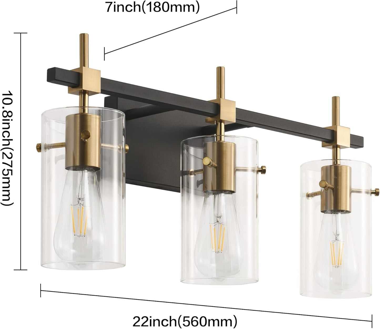 SOLFART Vintage Vanity Lights Bathroom Light Fixture Over Mirror for Bath Glass Shade Light Black and Brass Modern Style 3 Lights