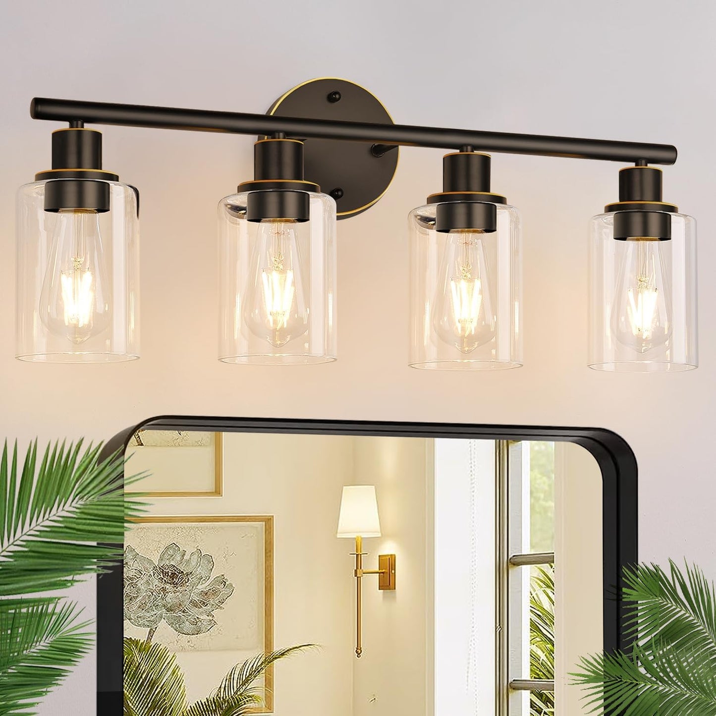 3-Light Bathroom Light Fixtures, 17.23" Black Modern Vanity Lights with Clear Glass Shade, Bathroom Wall Lamp for Mirror Kitchen Living Room Hallway Cabinet Porch