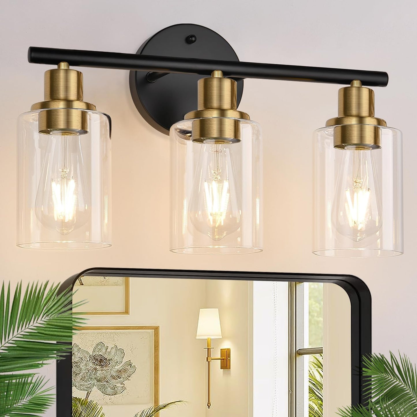 3-Light Bathroom Light Fixtures, 17.23" Black Modern Vanity Lights with Clear Glass Shade, Bathroom Wall Lamp for Mirror Kitchen Living Room Hallway Cabinet Porch