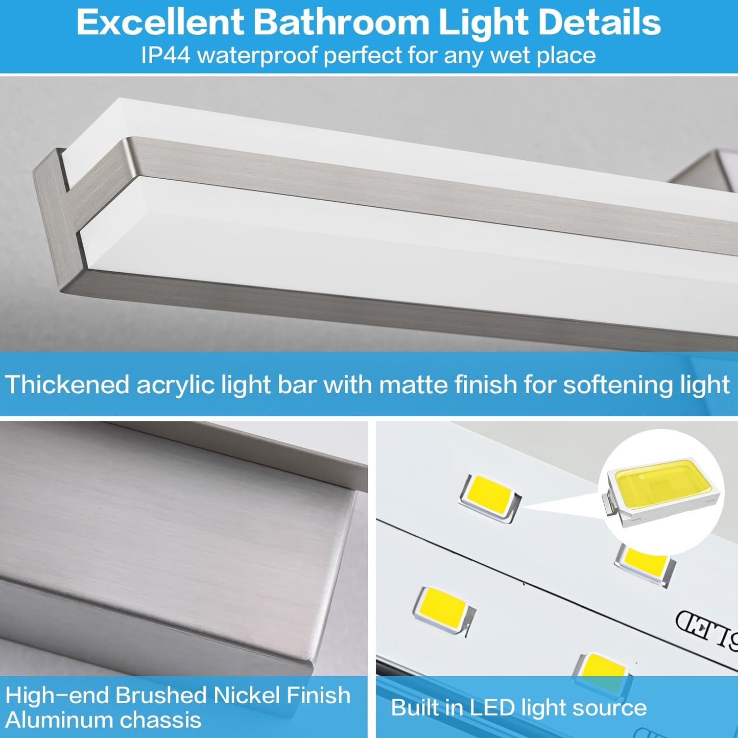 SOLFART Bathroom Light Fixtures Over Mirror 24 Inch Brushed Nickel Modern Vanity Light 5CCT Adjustable Brightness LED Mirror Light Fixture Anti-Glare Lighting Wide Illumination