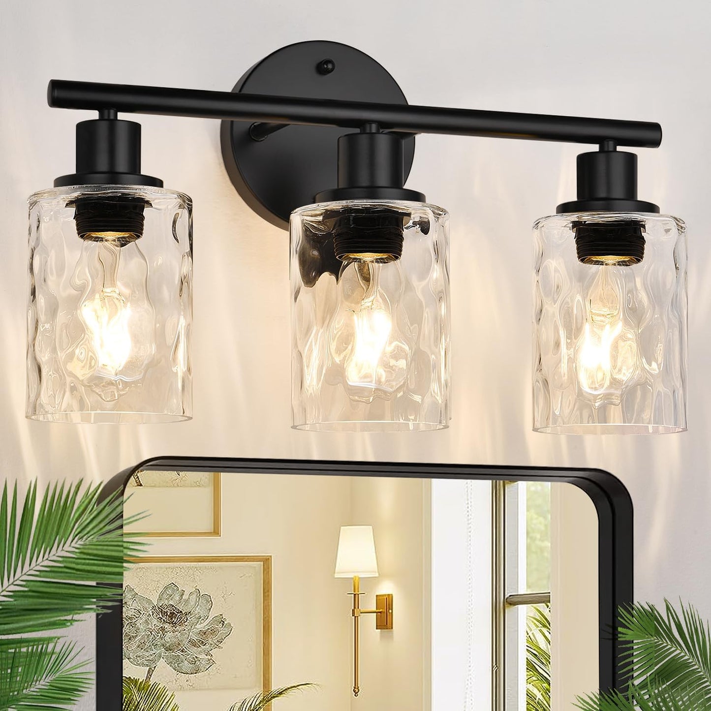 3-Light Bathroom Light Fixtures, 17.23" Black Modern Vanity Lights with Clear Glass Shade, Bathroom Wall Lamp for Mirror Kitchen Living Room Hallway Cabinet Porch