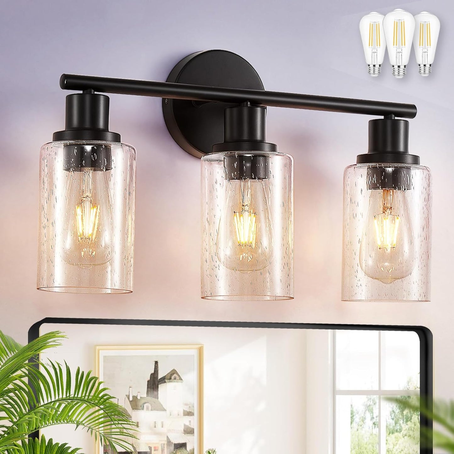 DLLT 3-Light Bathroom Light Fixtures: Black Modern Vanity Lights with 3 E26 Bulbs Base - Clear Glass Shade Bathroom Wall Lamp for Mirror Kitchen Living Room - 2 Packs