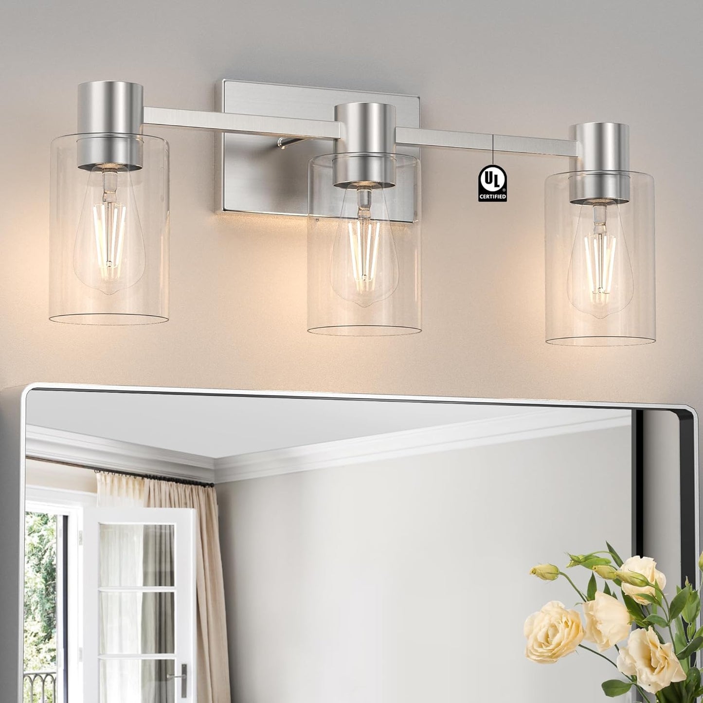 4-Light Modern Vanity Light Fixtures Over Mirror, Matte Black Bathroom Light Fixtures, Vanity Lights, Wall Sconce with Clear Glass Shade for Bathroom, E26 Base