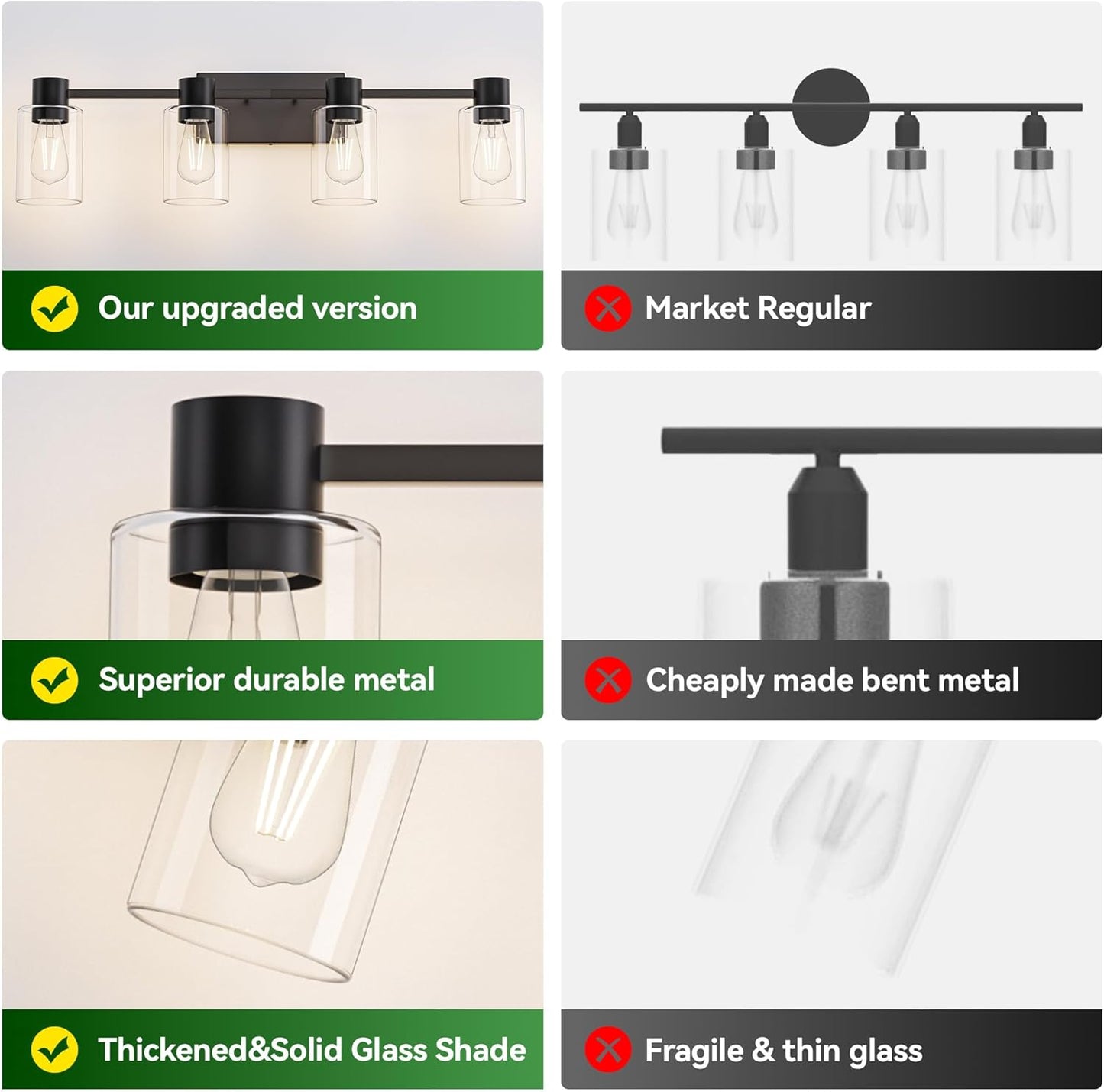 4-Light Modern Vanity Light Fixtures Over Mirror, Matte Black Bathroom Light Fixtures, Vanity Lights, Wall Sconce with Clear Glass Shade for Bathroom, E26 Base