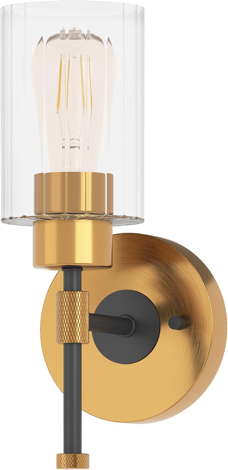 Inlight 23" Wide 4-Light Brass Gold Bathroom Vanity Light, Modern Black Bath Lighting, Clear Ribbed Glass Shade Wall Sconce, Bulb Not Included, IN-0445-4-GD