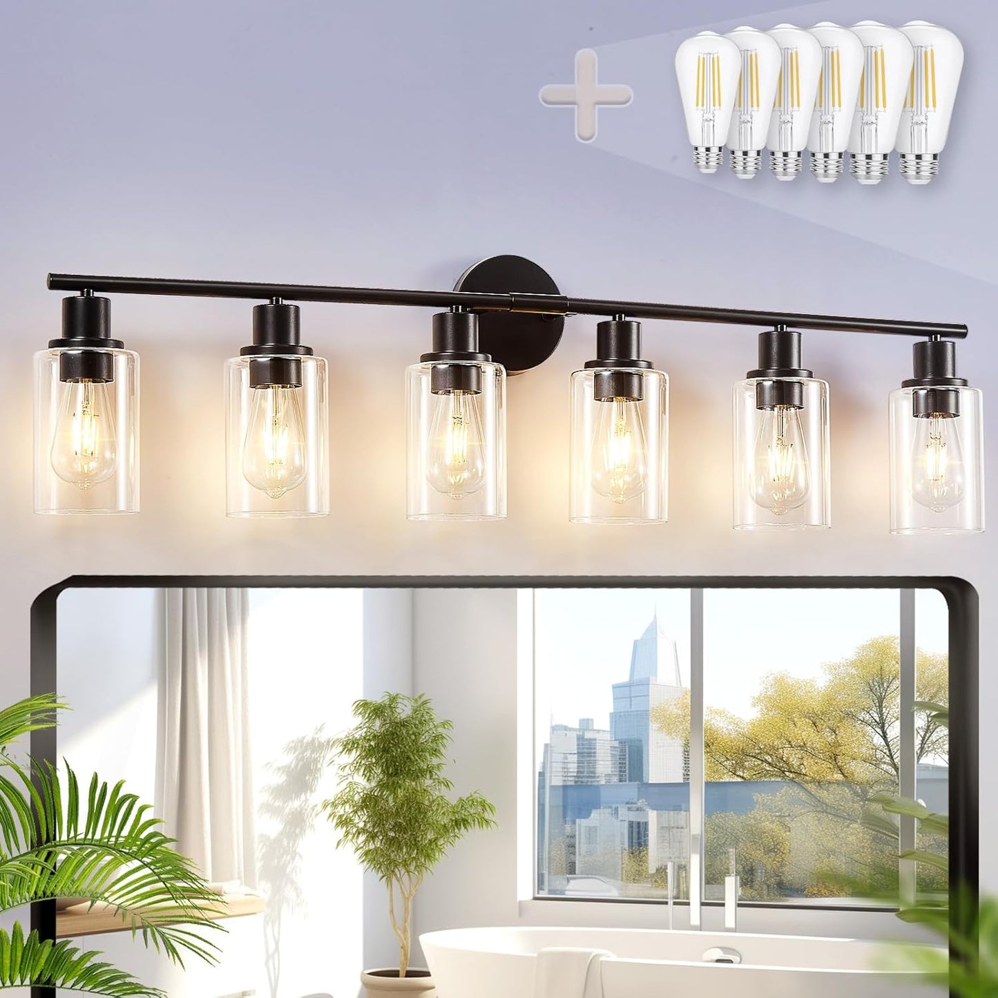 DLLT 3-Light Bathroom Light Fixtures: Black Modern Vanity Lights with 3 E26 Bulbs Base - Clear Glass Shade Bathroom Wall Lamp for Mirror Kitchen Living Room - 2 Packs