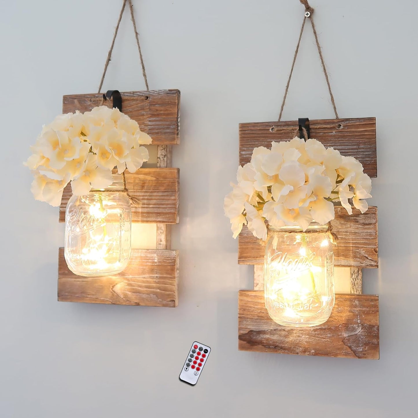 Besuerte Farmhouse Wall Decor for Living Room Rustic Mason Jar Wall Sconces Set of 2 for Home Living Room Bedroom Decorations with Rose Bouquet Flowers and Remote LED Fairy Lights (Large Jacobean)