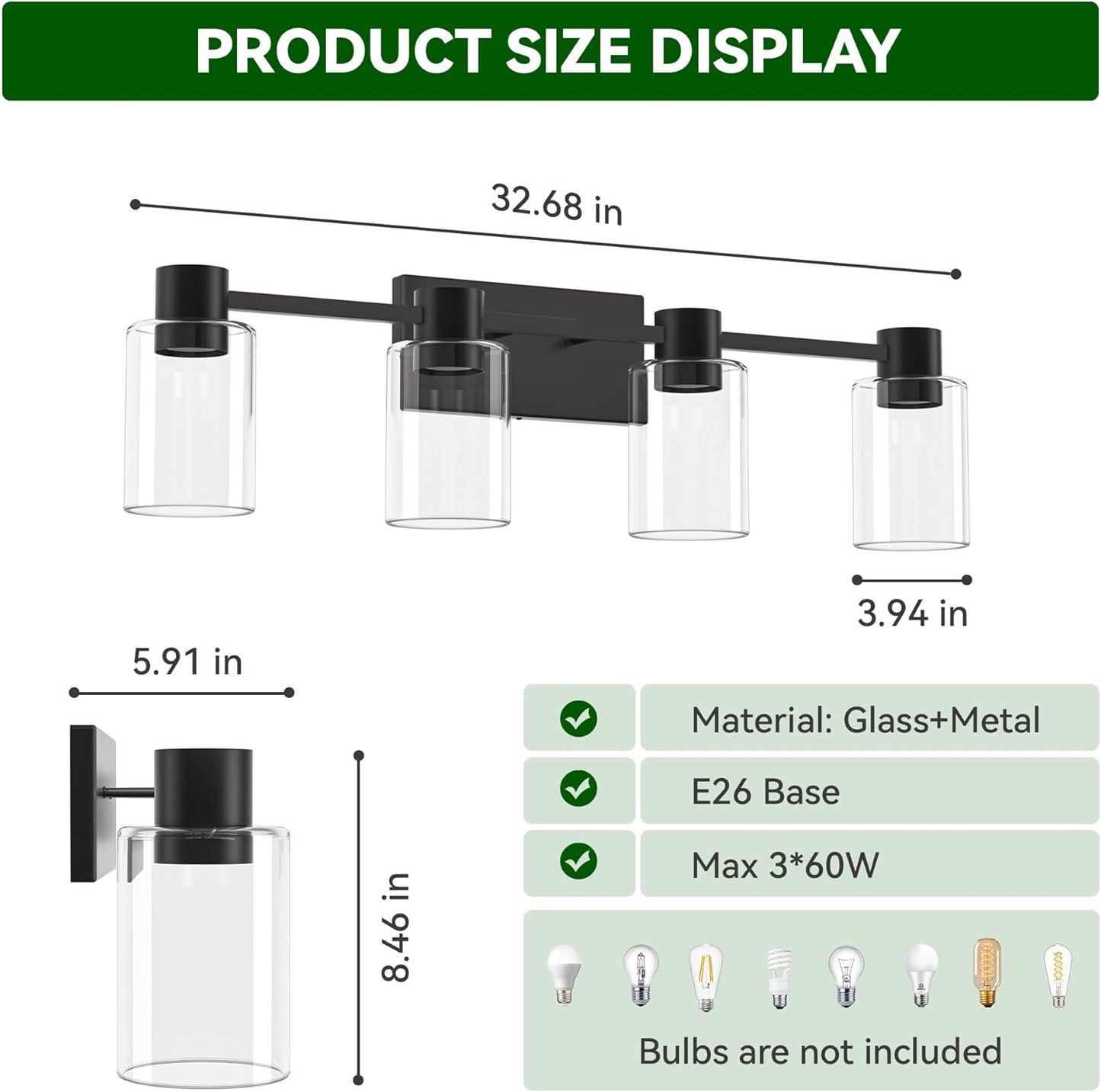 4-Light Modern Vanity Light Fixtures Over Mirror, Matte Black Bathroom Light Fixtures, Vanity Lights, Wall Sconce with Clear Glass Shade for Bathroom, E26 Base