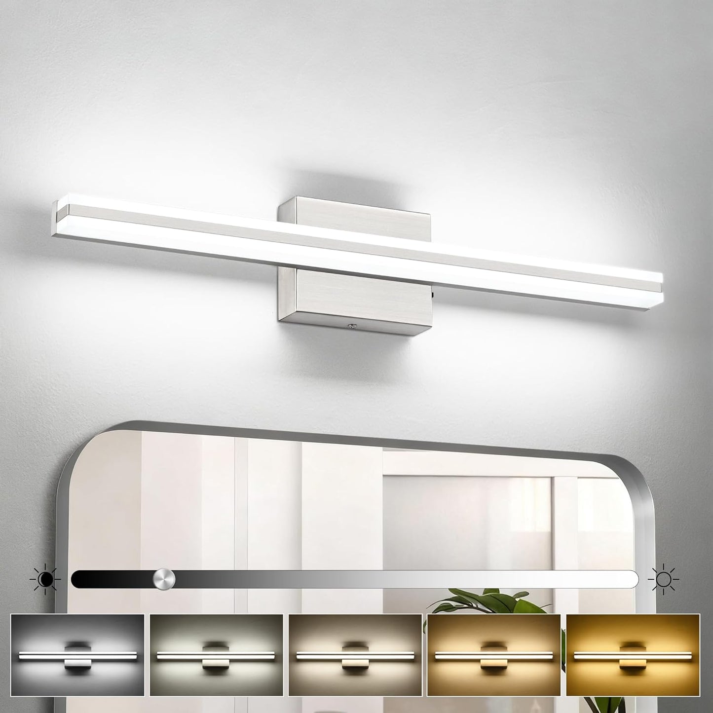 SOLFART Bathroom Light Fixtures Over Mirror 24 Inch Brushed Nickel Modern Vanity Light 5CCT Adjustable Brightness LED Mirror Light Fixture Anti-Glare Lighting Wide Illumination