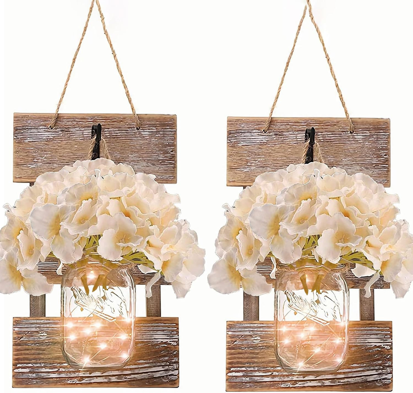 Wall Sconce Decor 2pcs, Mason Jar Wall Sconce Farmhouse Home Decor with 9.8FT LED Fairy Lights 4Flowers, Modern Art Living Room Bedroom Bathroom Decorative Hanging Yellow