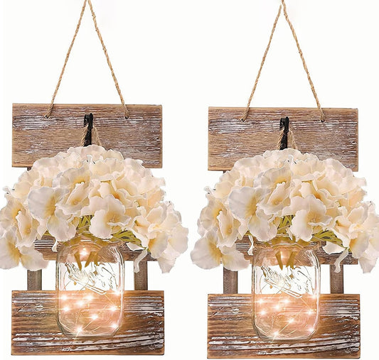 Wall Sconce Decor 2pcs, Mason Jar Wall Sconce Farmhouse Home Decor with 9.8FT LED Fairy Lights 4Flowers, Modern Art Living Room Bedroom Bathroom Decorative Hanging Yellow