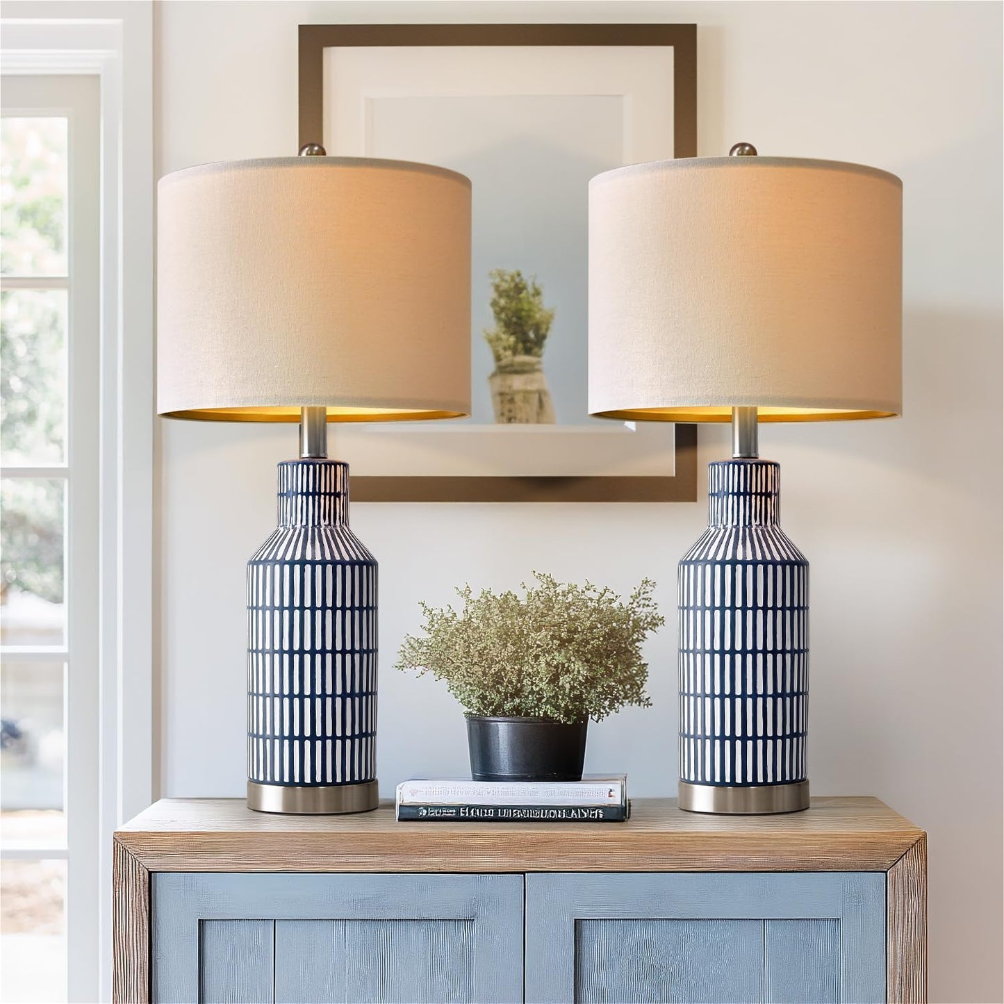 25" Table Lamps Set of 2 - Modern Bedside Lamps for Living Room - White Washed Ceramic Nightstand Lamps for Bedroom