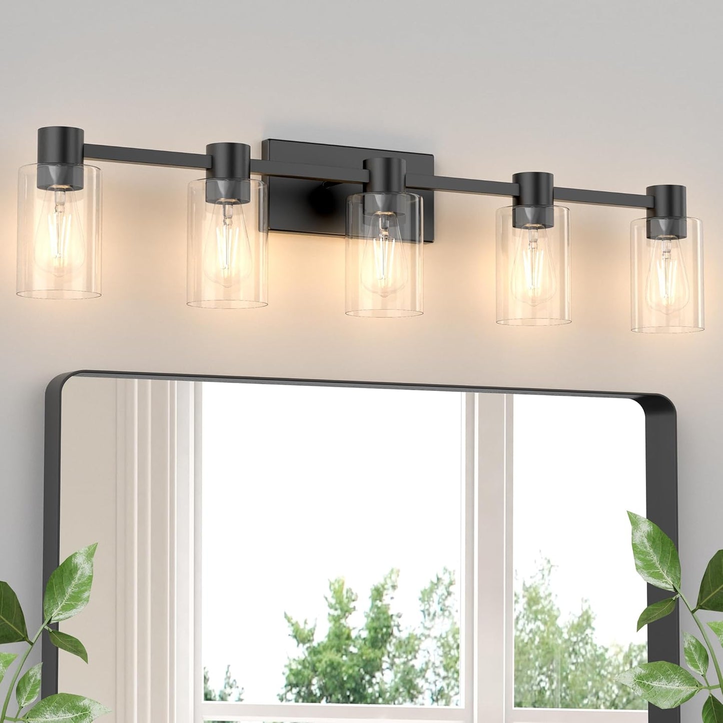 4-Light Modern Vanity Light Fixtures Over Mirror, Matte Black Bathroom Light Fixtures, Vanity Lights, Wall Sconce with Clear Glass Shade for Bathroom, E26 Base