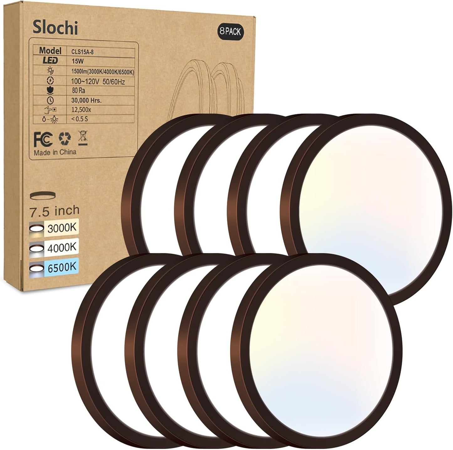 8PACK LED Flush Mount Ceiling Light Fixture, 3000K-4000K-6500K & 100W Equivalent Modern Kitchen Recessed Ceiling Lamp 15W 1500Lm 7.5 Inch Closet Round Surface for Bathroom Laundry Bedroom Hallway