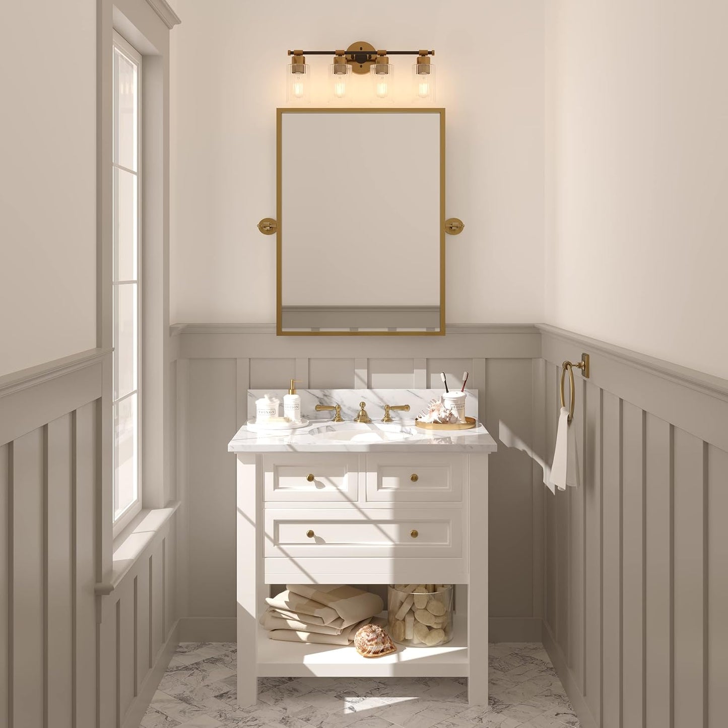 Inlight 23" Wide 4-Light Brass Gold Bathroom Vanity Light, Modern Black Bath Lighting, Clear Ribbed Glass Shade Wall Sconce, Bulb Not Included, IN-0445-4-GD