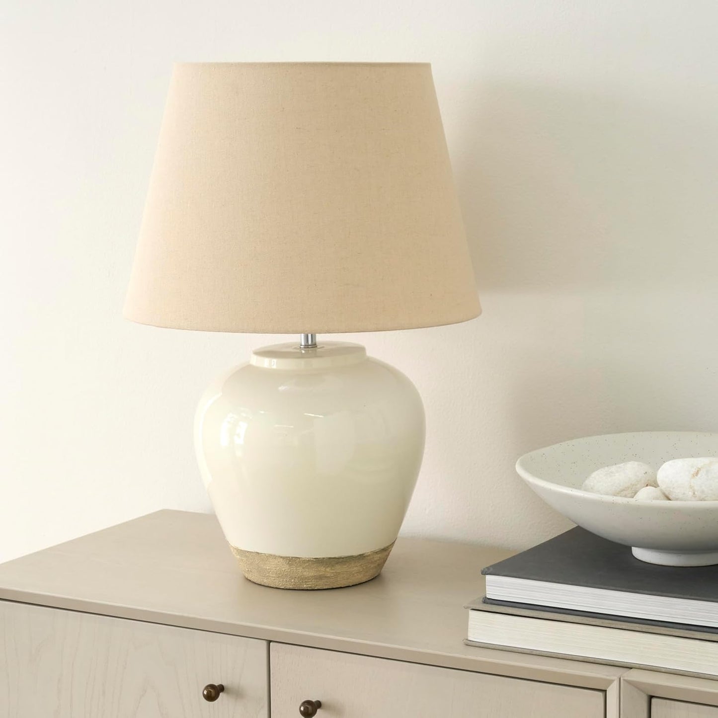 Nourison Home 20" Sand (Light Beige) Ceramic Pot Table Lamp for Bedroom, Living Room, Console, Entryway