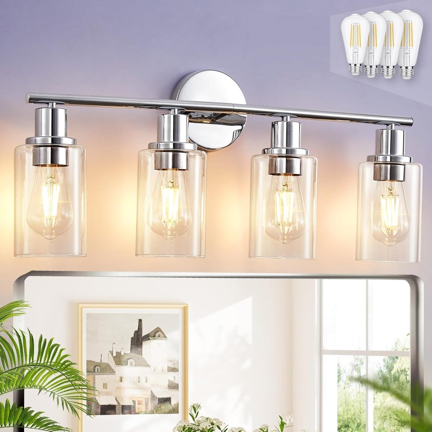 DLLT 3-Light Bathroom Light Fixtures: Black Modern Vanity Lights with 3 E26 Bulbs Base - Clear Glass Shade Bathroom Wall Lamp for Mirror Kitchen Living Room - 2 Packs