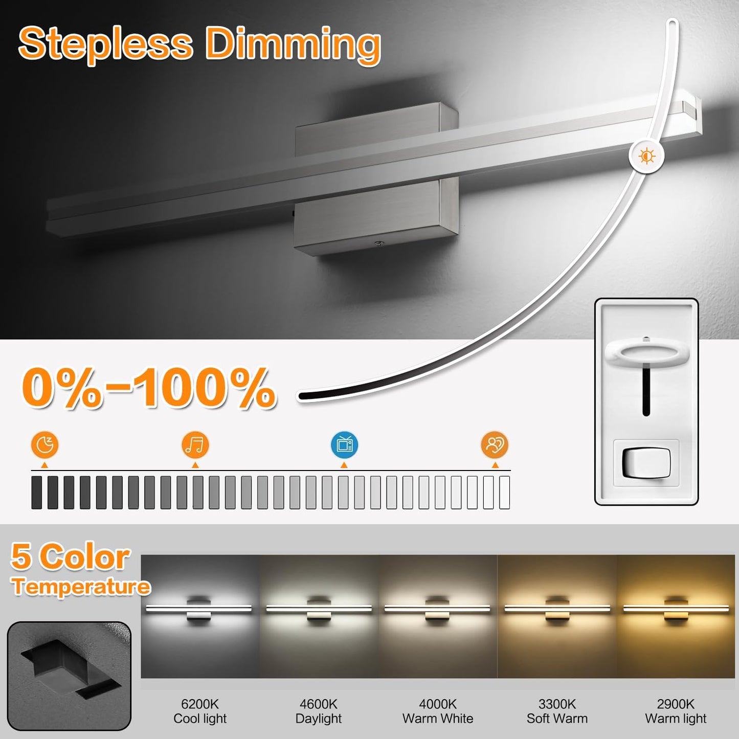 SOLFART Bathroom Light Fixtures Over Mirror 24 Inch Brushed Nickel Modern Vanity Light 5CCT Adjustable Brightness LED Mirror Light Fixture Anti-Glare Lighting Wide Illumination