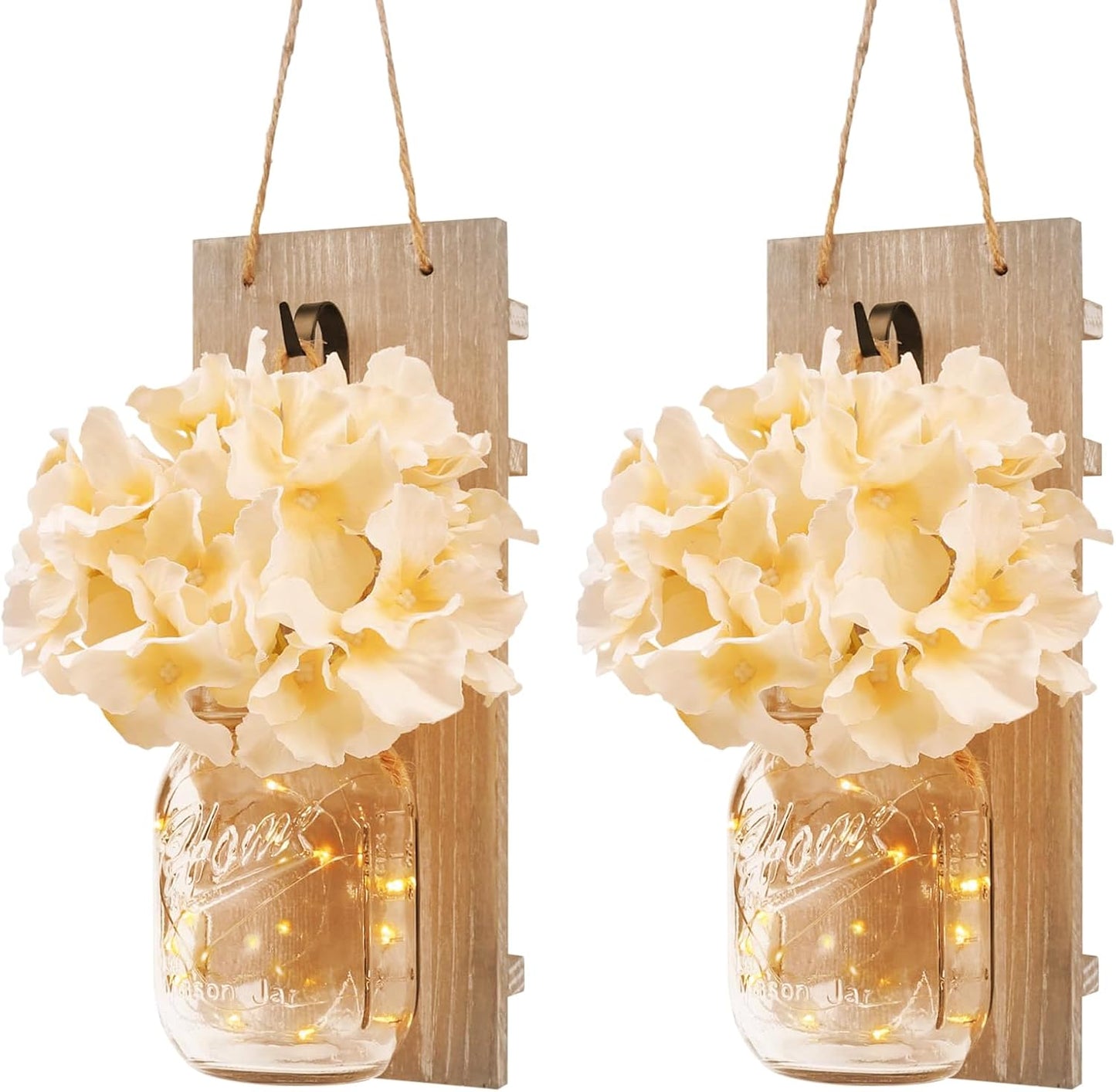 Wall Sconce Decor 2pcs, Mason Jar Wall Sconce Farmhouse Home Decor with 9.8FT LED Fairy Lights 4Flowers, Modern Art Living Room Bedroom Bathroom Decorative Hanging Yellow