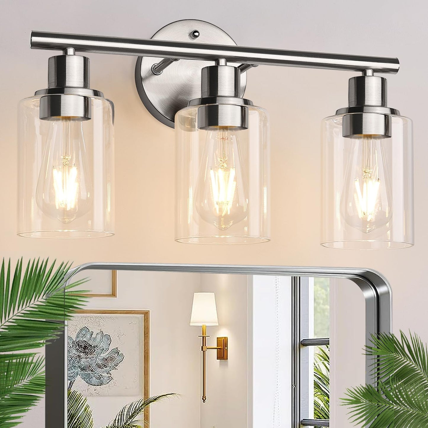 3-Light Bathroom Light Fixtures, 17.23" Black Modern Vanity Lights with Clear Glass Shade, Bathroom Wall Lamp for Mirror Kitchen Living Room Hallway Cabinet Porch