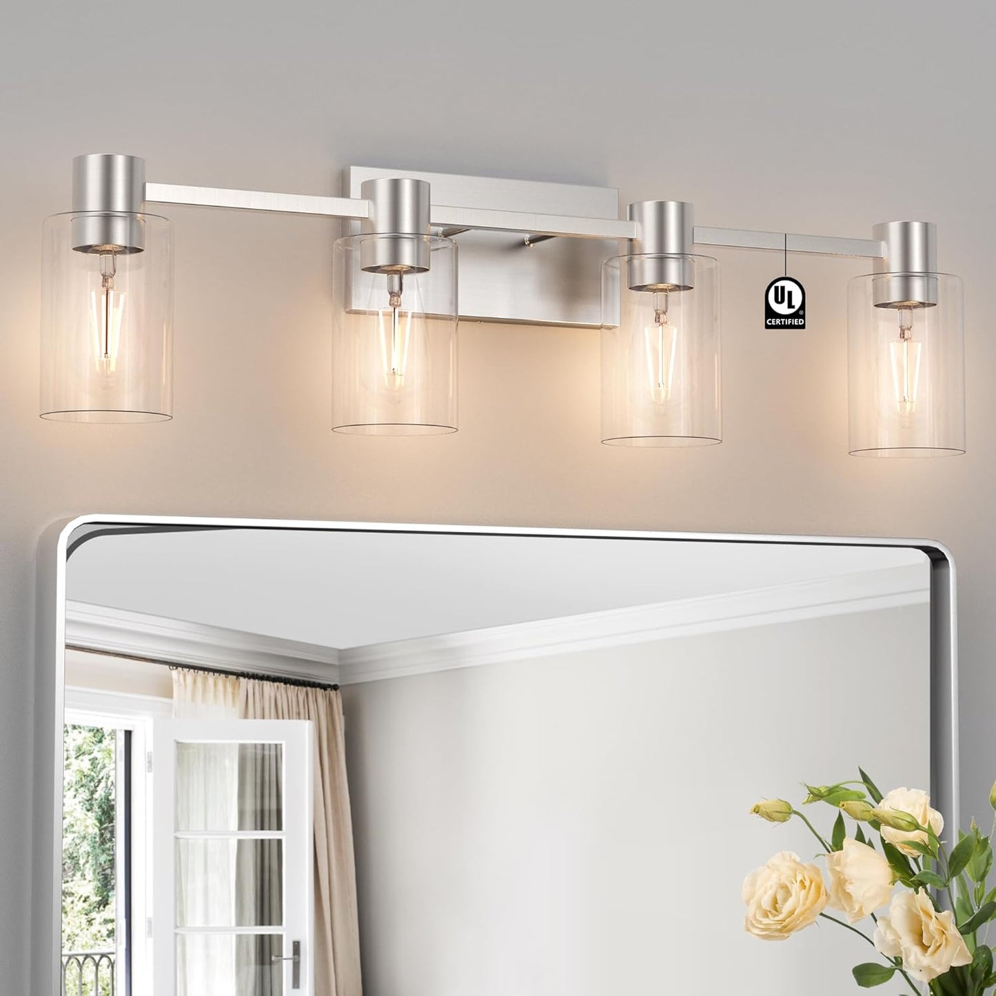 4-Light Modern Vanity Light Fixtures Over Mirror, Matte Black Bathroom Light Fixtures, Vanity Lights, Wall Sconce with Clear Glass Shade for Bathroom, E26 Base