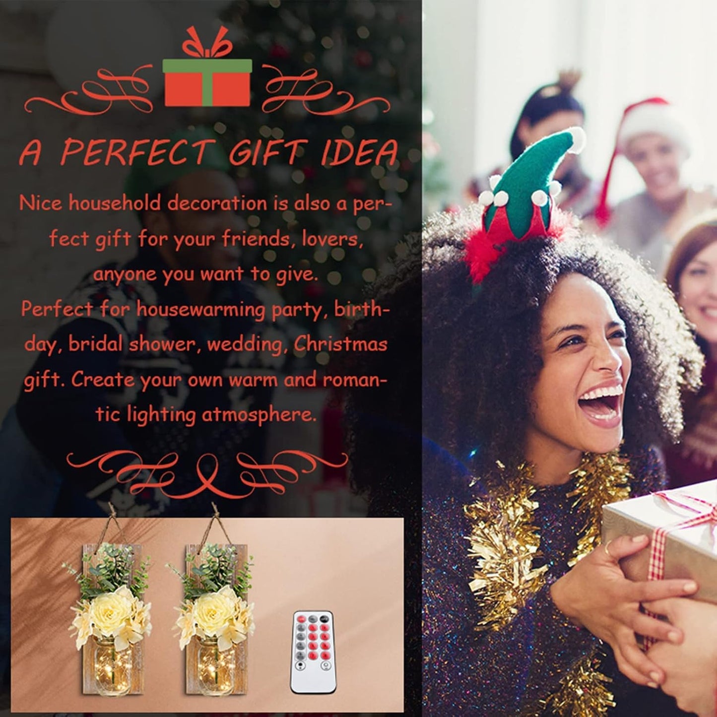 HOMKO Rustic Wall Decor, Mason Jars Wall Sconces, with Remote Control LED Lights and Flowers, Hanging Rural Farmhouse Kitchen Bathroom Bedroom Living Room Home Decor (Set of 2) -Rustic Brown