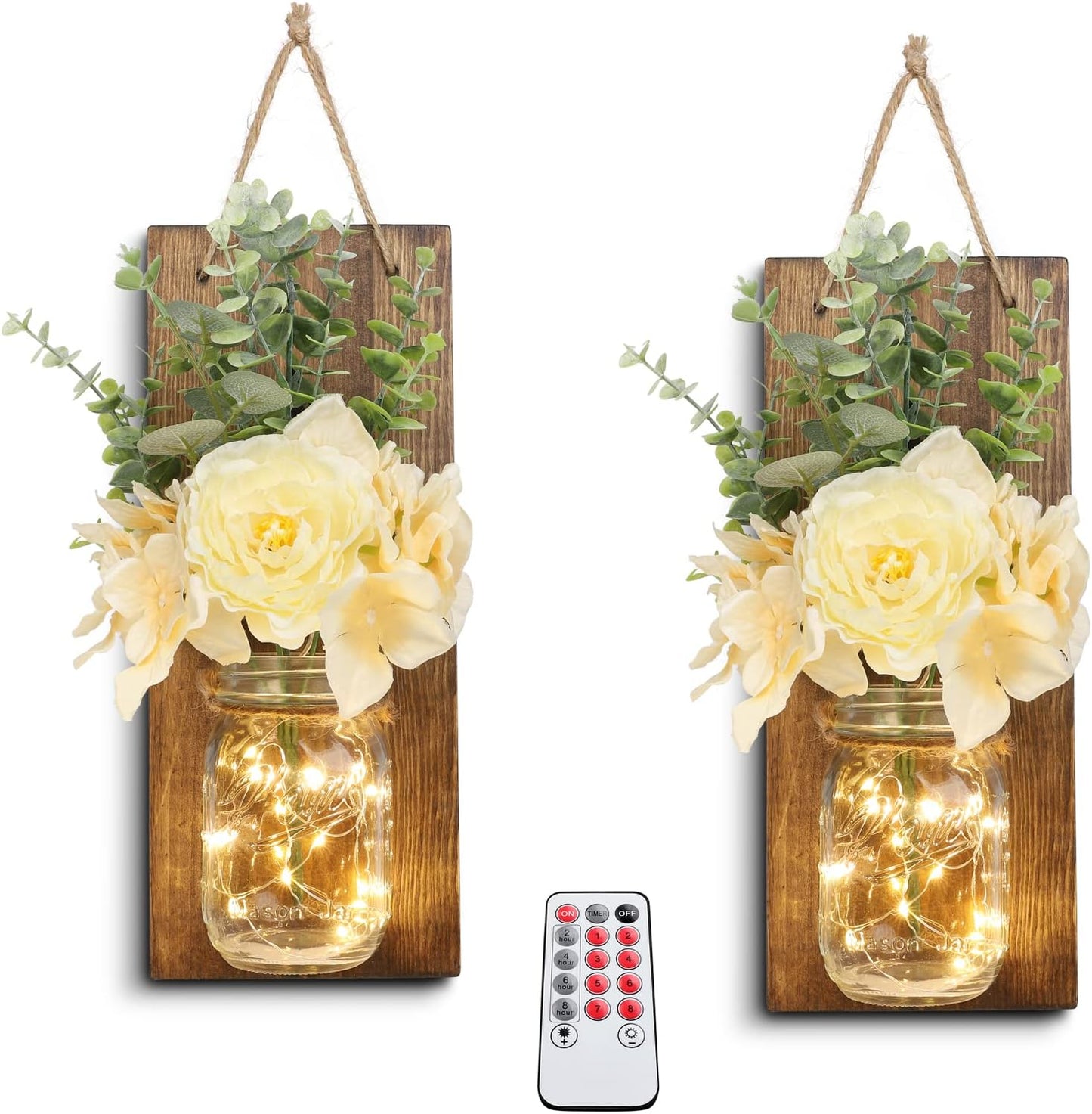 HOMKO Rustic Wall Decor, Mason Jars Wall Sconces, with Remote Control LED Lights and Flowers, Hanging Rural Farmhouse Kitchen Bathroom Bedroom Living Room Home Decor (Set of 2) -Rustic Brown
