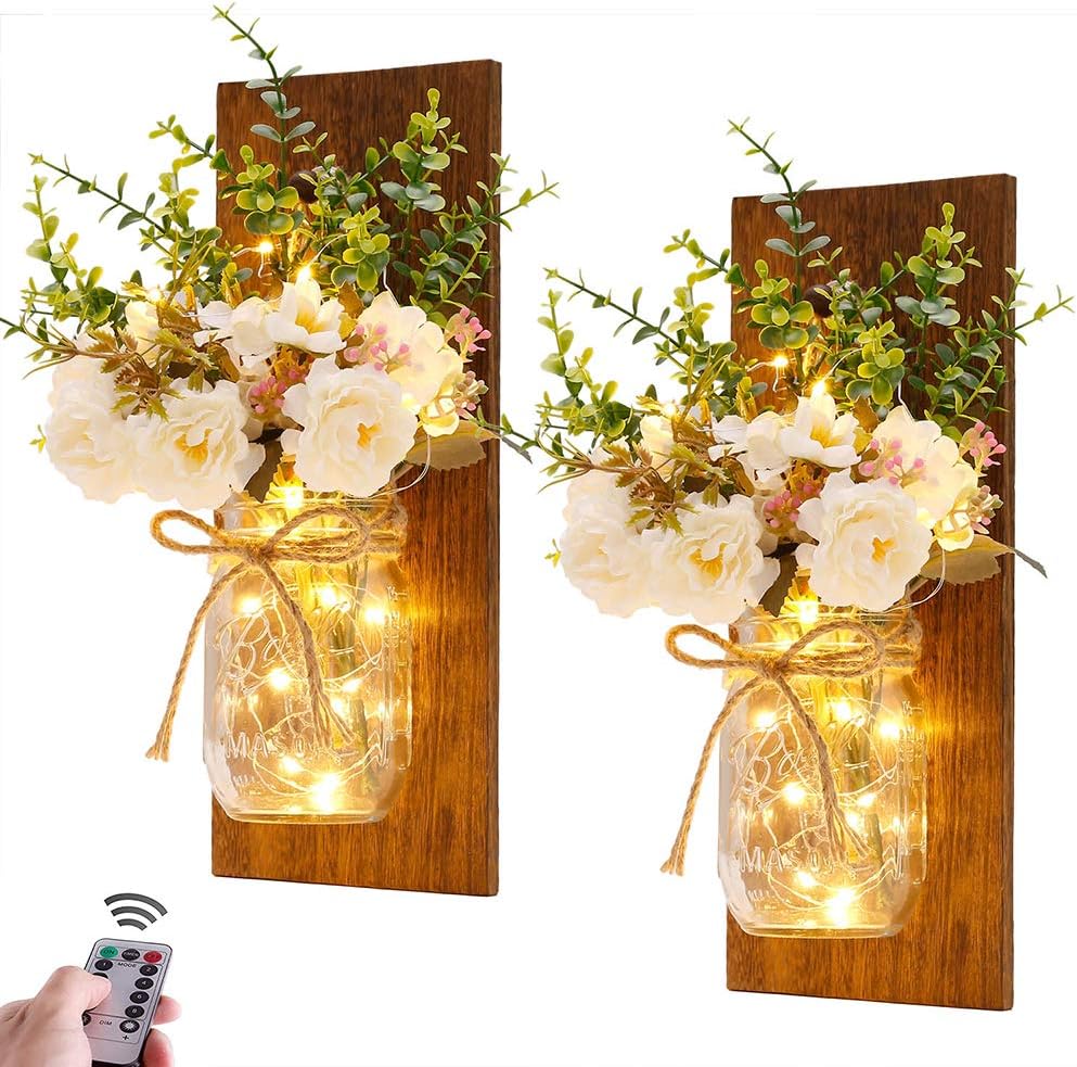Wall Decor Mason Jar Sconces - Home Decor Wall Art Hanging Design with Remote Control LED Fairy Lights and White Rose, Farmhouse Wall Decorations for Bedroom Living Room Lights Set of Two