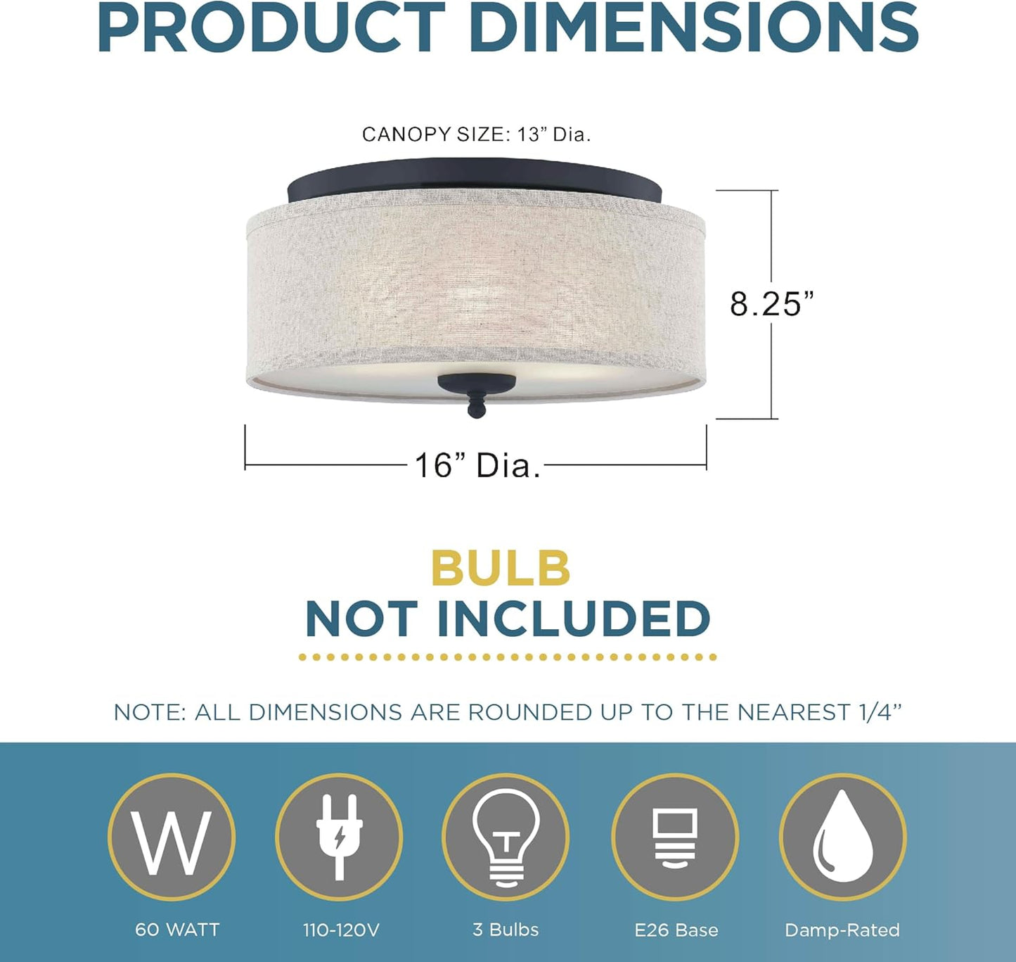 Quoizel Blanche 3-Light Round Flush Mount Ceiling Light, 16" Drum Light, Beige Fabric Shade & Matte Black Canopy, Transitional Close to Ceiling Light Fixtures for Home, Kitchen or Office Lighting