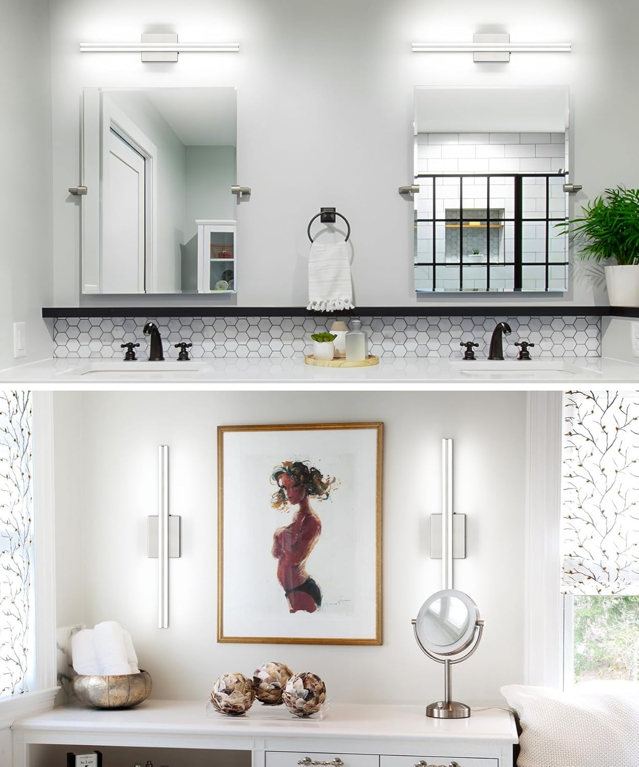 SOLFART Bathroom Light Fixtures Over Mirror 24 Inch Brushed Nickel Modern Vanity Light 5CCT Adjustable Brightness LED Mirror Light Fixture Anti-Glare Lighting Wide Illumination