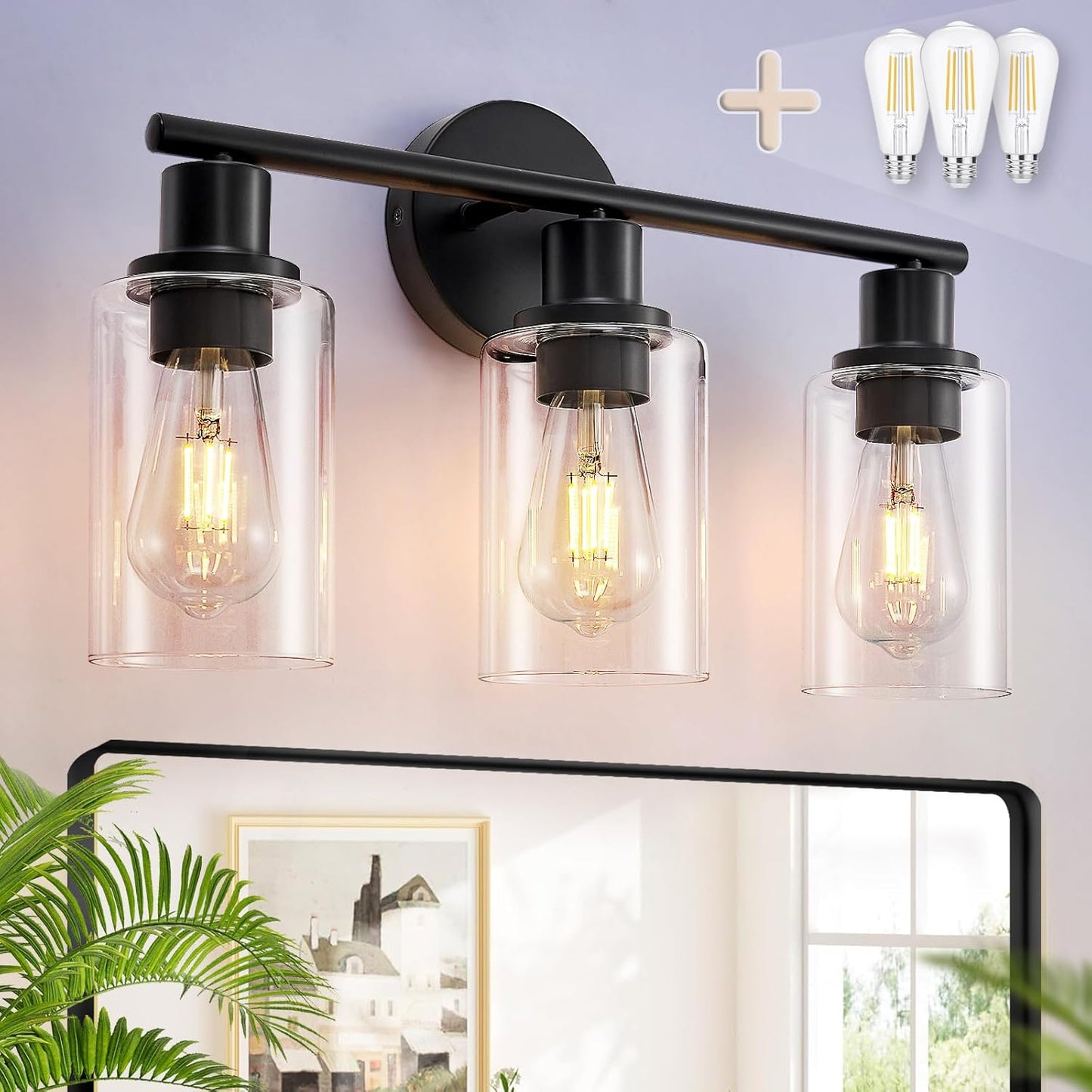 DLLT 3-Light Bathroom Light Fixtures: Black Modern Vanity Lights with 3 E26 Bulbs Base - Clear Glass Shade Bathroom Wall Lamp for Mirror Kitchen Living Room - 2 Packs