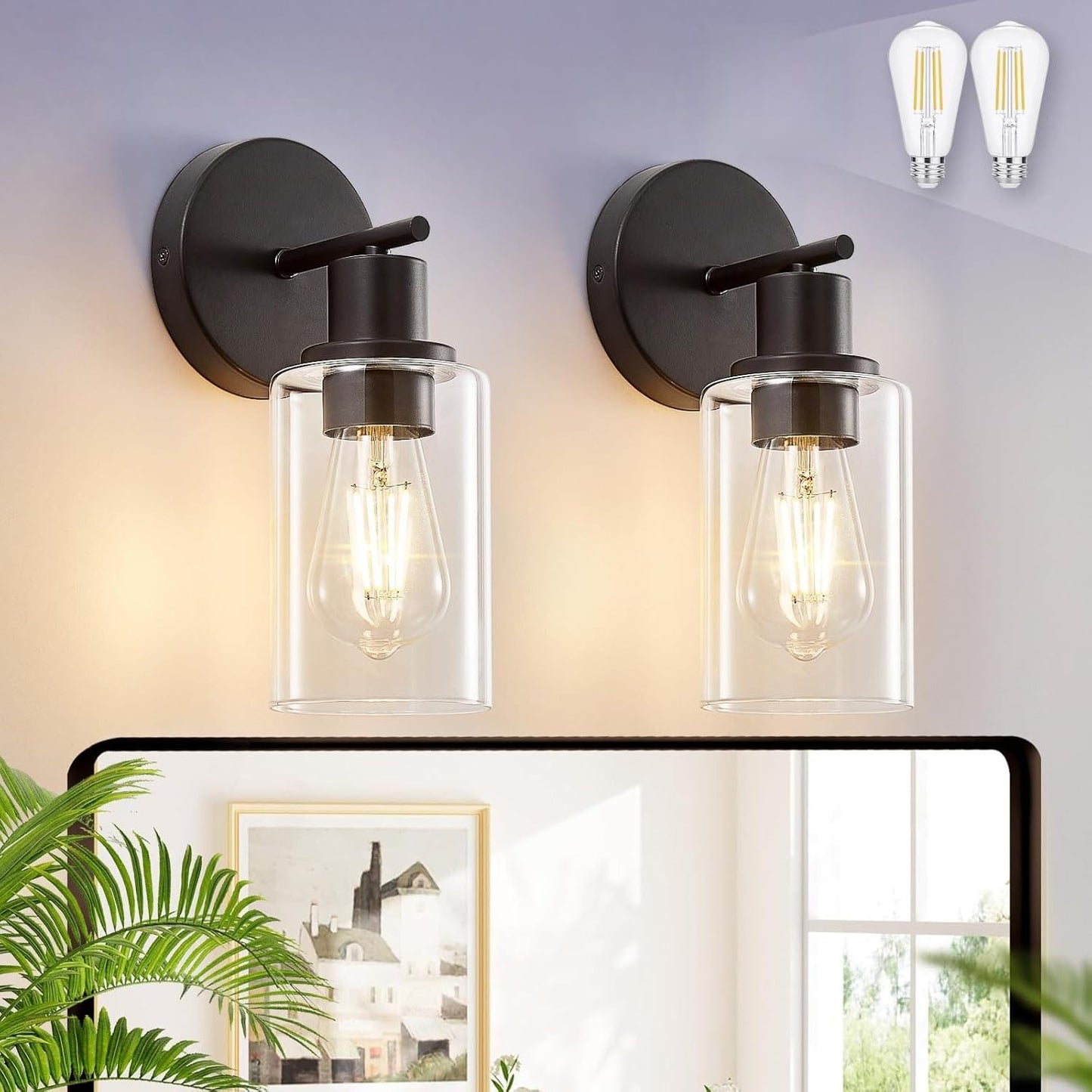 DLLT 3-Light Bathroom Light Fixtures: Black Modern Vanity Lights with 3 E26 Bulbs Base - Clear Glass Shade Bathroom Wall Lamp for Mirror Kitchen Living Room - 2 Packs