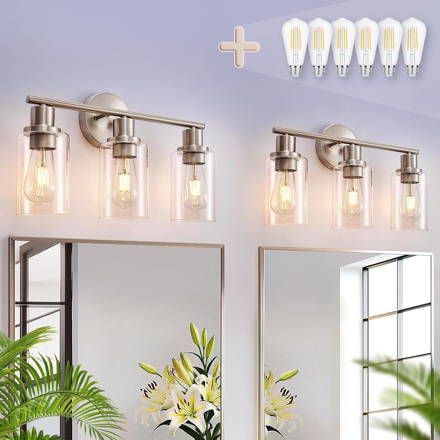 DLLT 3-Light Bathroom Light Fixtures: Black Modern Vanity Lights with 3 E26 Bulbs Base - Clear Glass Shade Bathroom Wall Lamp for Mirror Kitchen Living Room - 2 Packs