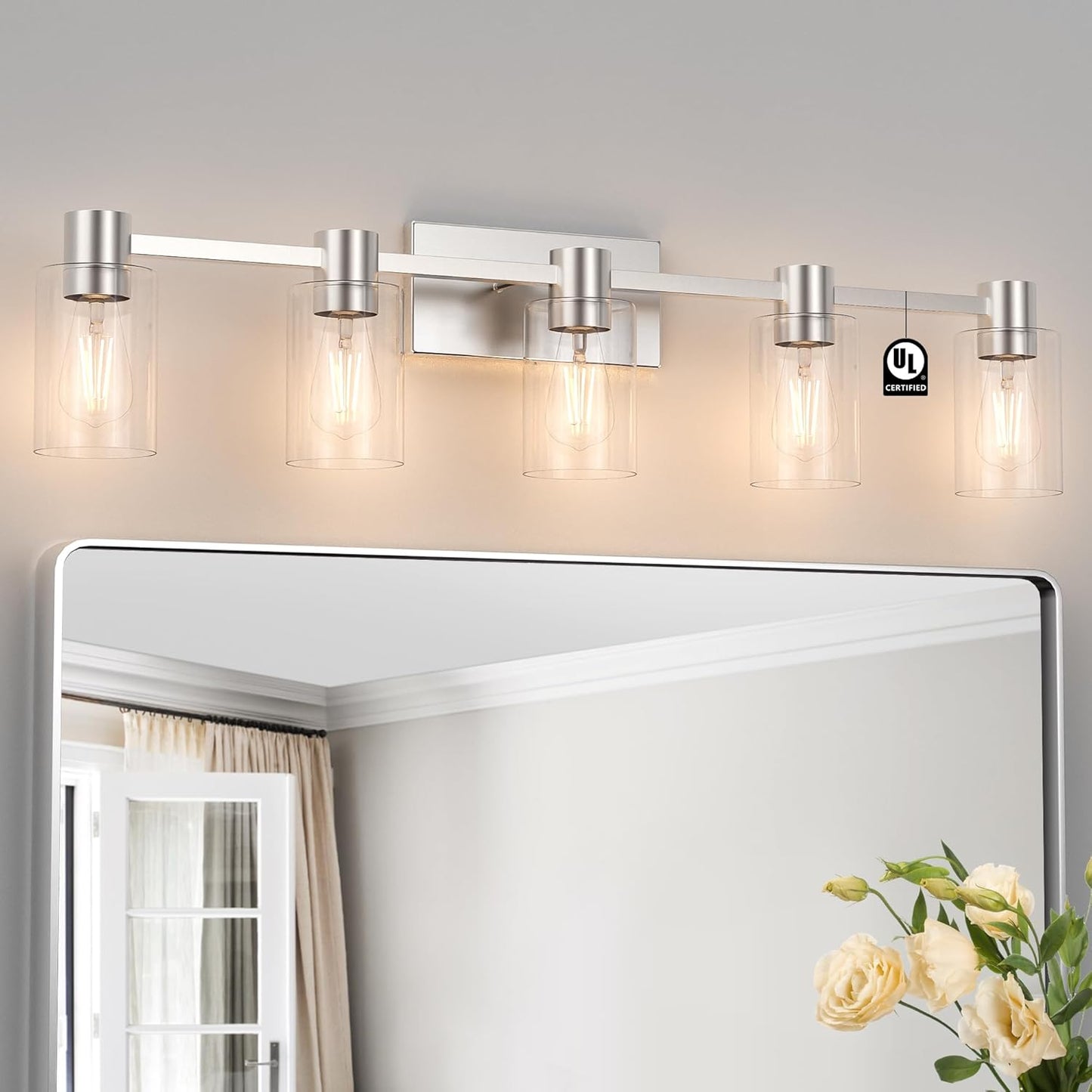 4-Light Modern Vanity Light Fixtures Over Mirror, Matte Black Bathroom Light Fixtures, Vanity Lights, Wall Sconce with Clear Glass Shade for Bathroom, E26 Base