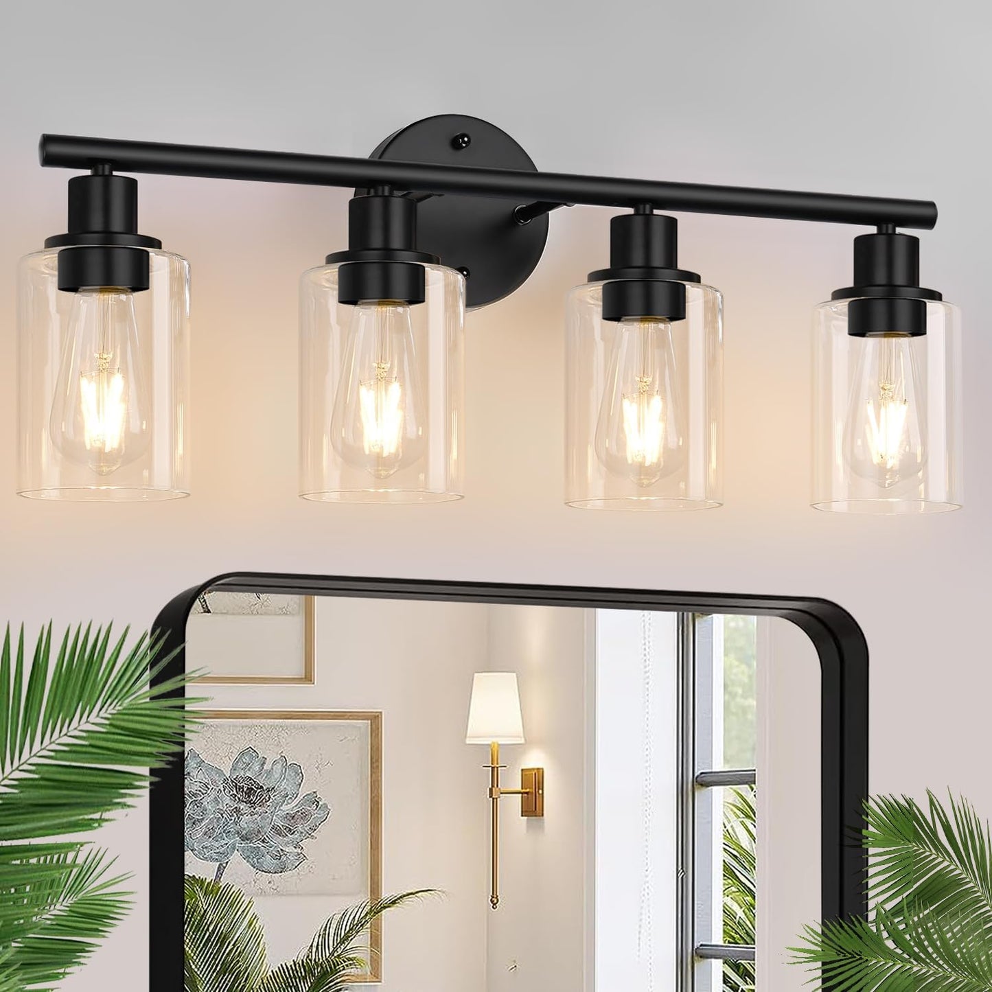 3-Light Bathroom Light Fixtures, 17.23" Black Modern Vanity Lights with Clear Glass Shade, Bathroom Wall Lamp for Mirror Kitchen Living Room Hallway Cabinet Porch