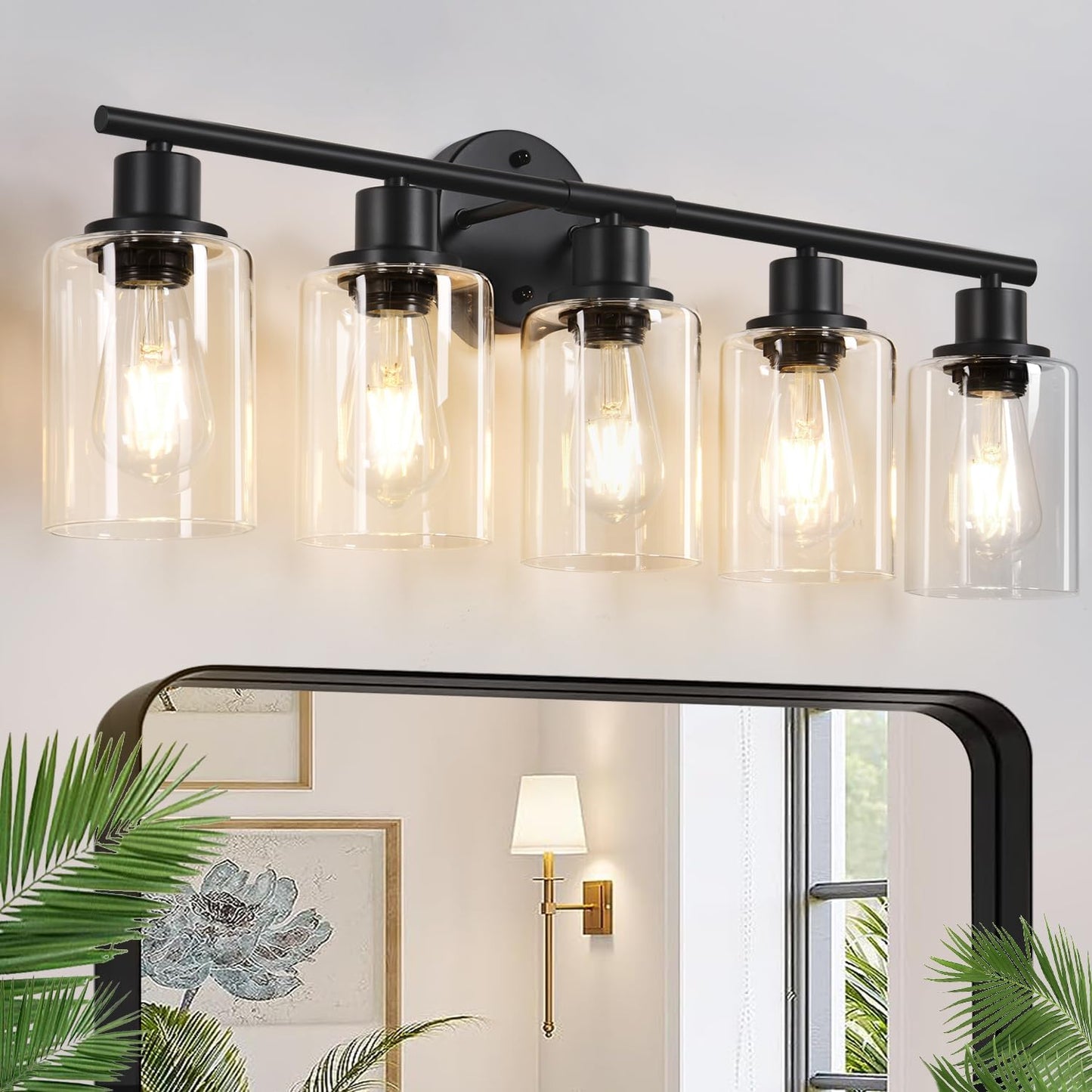 3-Light Bathroom Light Fixtures, 17.23" Black Modern Vanity Lights with Clear Glass Shade, Bathroom Wall Lamp for Mirror Kitchen Living Room Hallway Cabinet Porch