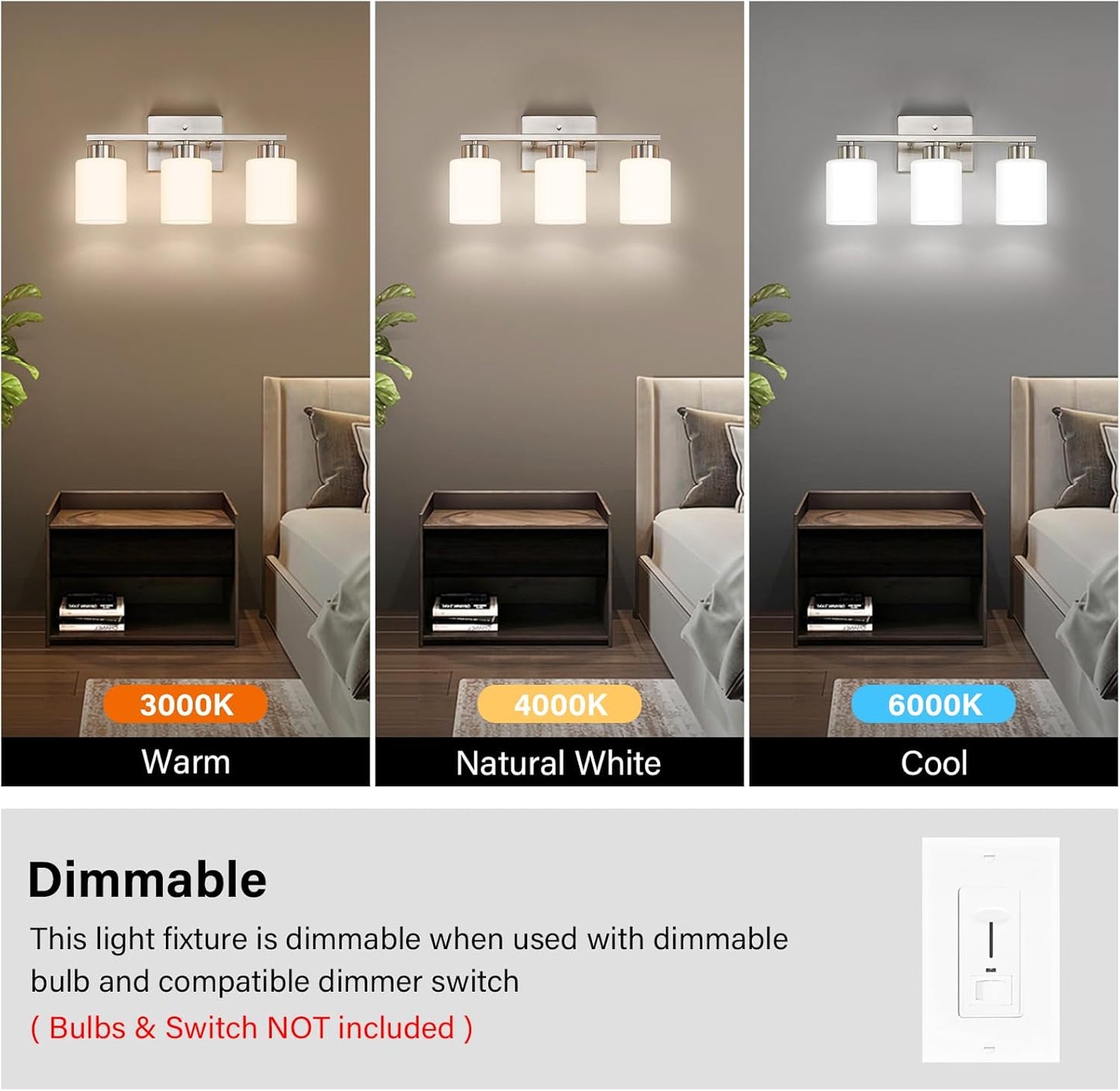 Brushed Nickel Bathroom Light Fixtures, 3-Light Modern Vanity Light Over Mirror, Wall Sconces with Milky White Frosted Glass Shades, E26 Socket (Bulbs Not Included)