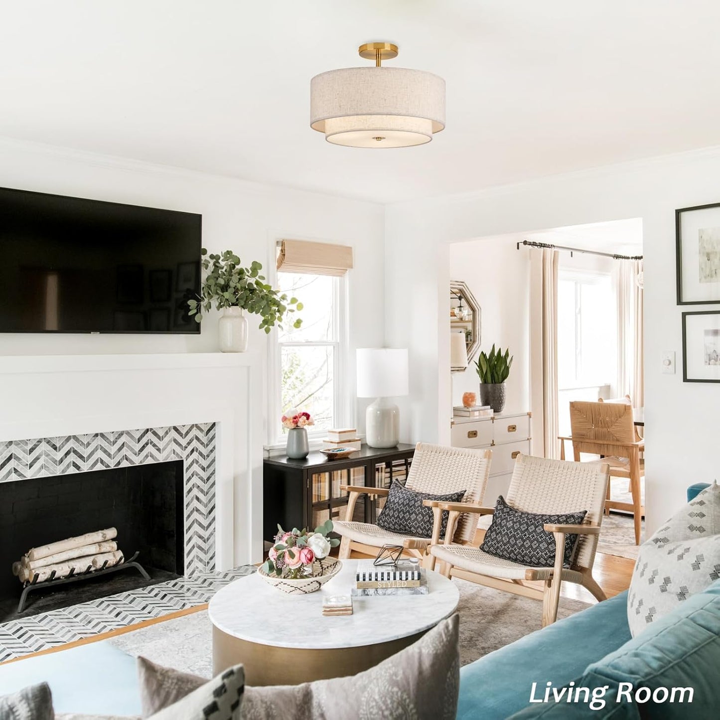 16" Double Drum Gold 3-Light Semi Flush Mount Ceiling Light, Classic Fabric Linen Shade Design for Living Room, Bedroom, Kitchen, Dining Room, Hallway and Entryway