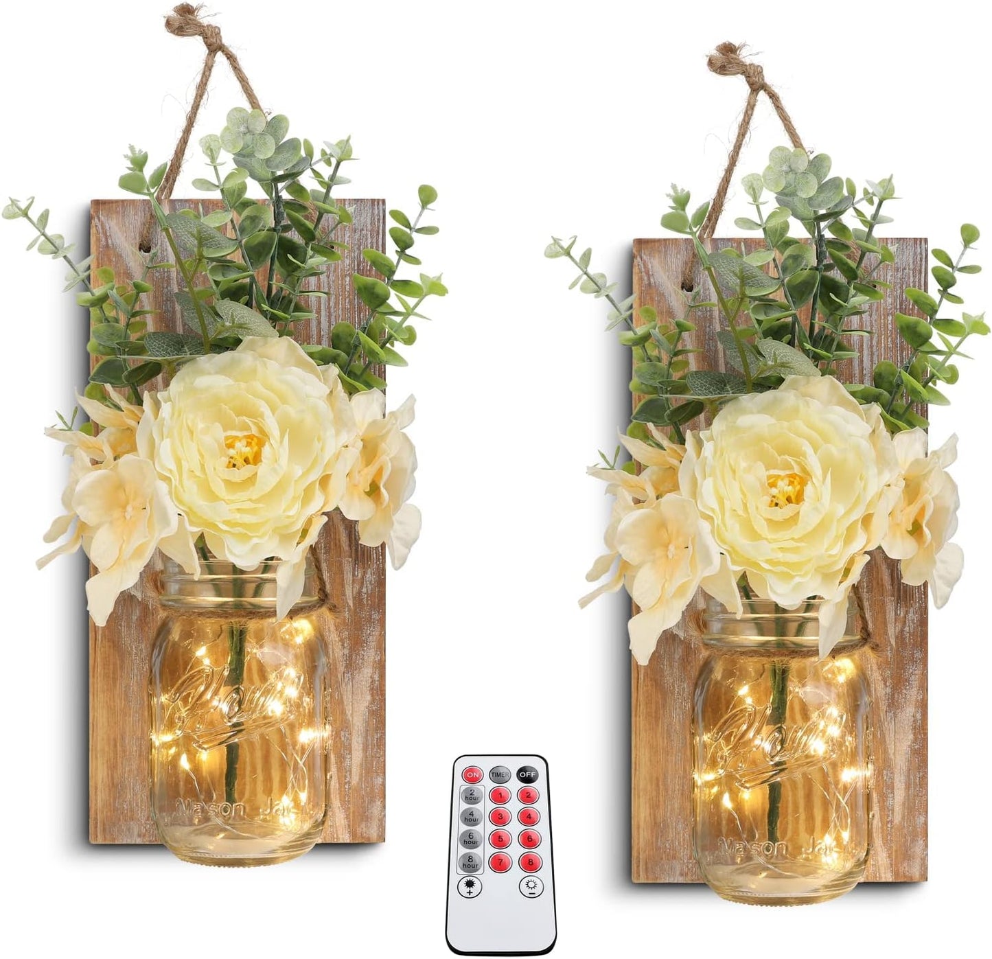 HOMKO Rustic Wall Decor, Mason Jars Wall Sconces, with Remote Control LED Lights and Flowers, Hanging Rural Farmhouse Kitchen Bathroom Bedroom Living Room Home Decor (Set of 2) -Rustic Brown