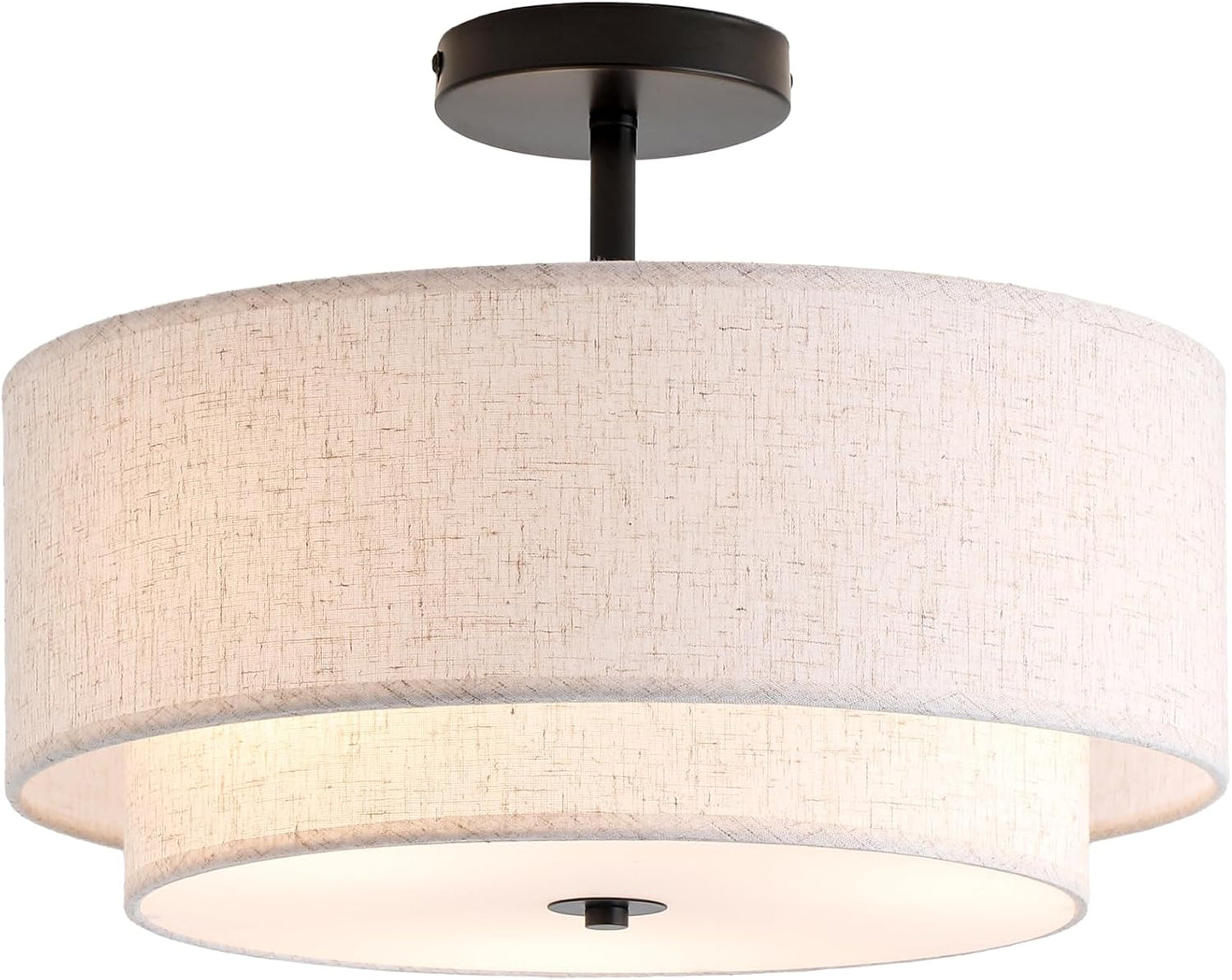16" Double Drum Gold 3-Light Semi Flush Mount Ceiling Light, Classic Fabric Linen Shade Design for Living Room, Bedroom, Kitchen, Dining Room, Hallway and Entryway