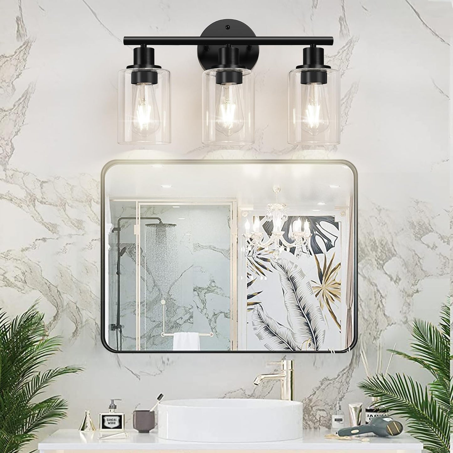 3-Light Bathroom Light Fixtures, 17.23" Black Modern Vanity Lights with Clear Glass Shade, Bathroom Wall Lamp for Mirror Kitchen Living Room Hallway Cabinet Porch