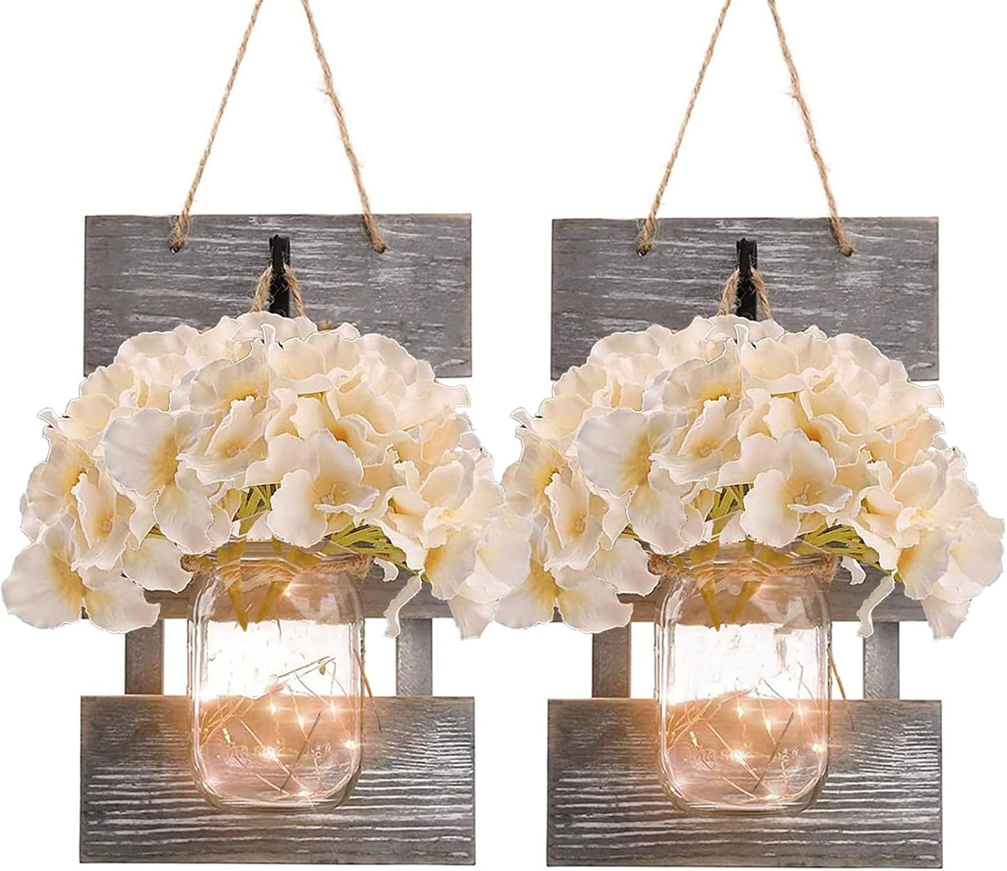 Wall Sconce Decor 2pcs, Mason Jar Wall Sconce Farmhouse Home Decor with 9.8FT LED Fairy Lights 4Flowers, Modern Art Living Room Bedroom Bathroom Decorative Hanging Yellow