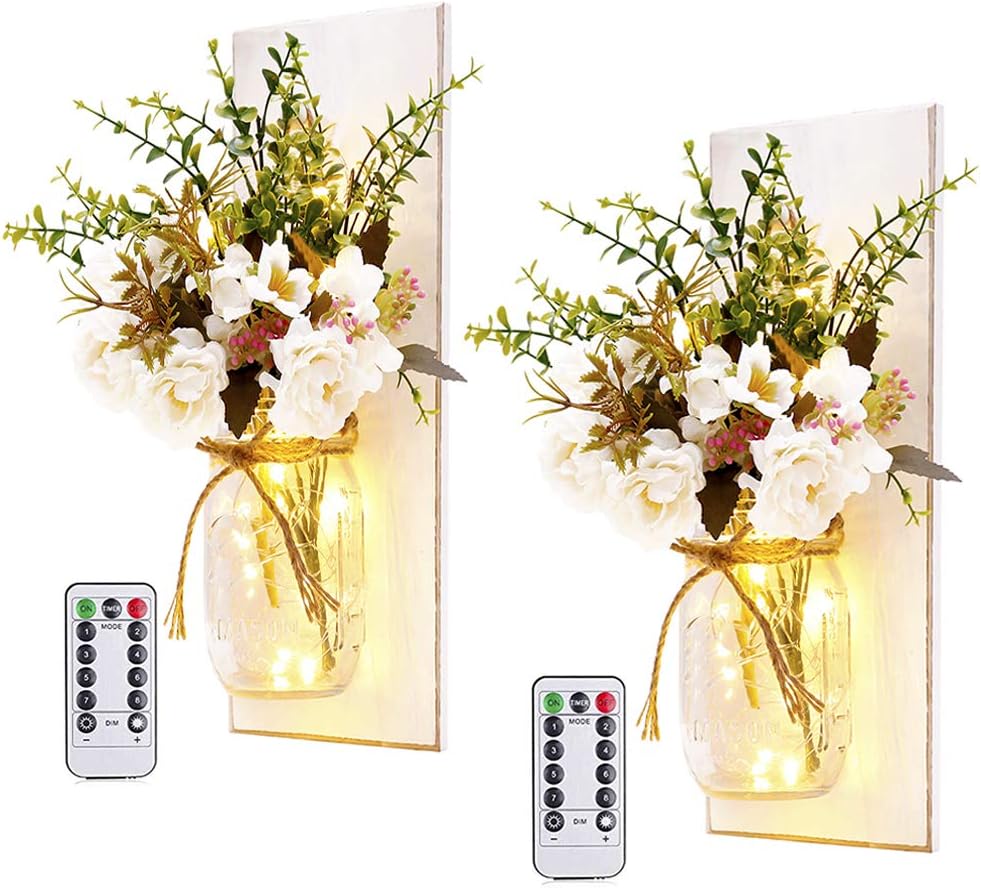 Wall Decor Mason Jar Sconces - Home Decor Wall Art Hanging Design with Remote Control LED Fairy Lights and White Rose, Farmhouse Wall Decorations for Bedroom Living Room Lights Set of Two
