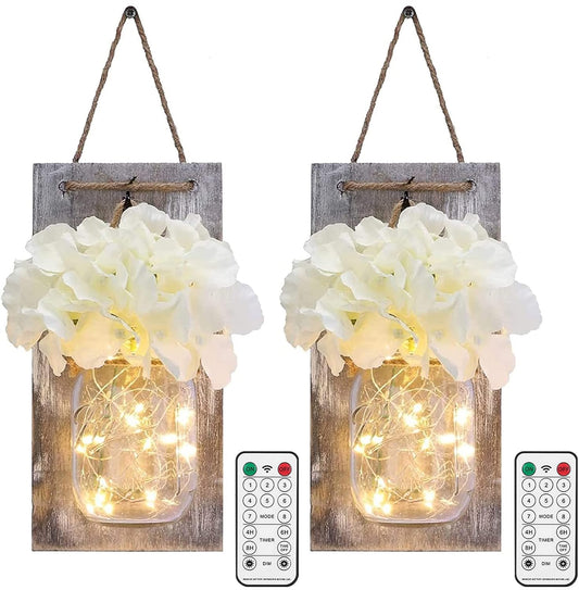Lightess Mason Jar Wall Lights with Remote Control, Rustic Bedroom Wall Decor, Hanging Battery Powered Jar Sconce with LED Fairy Lights for Farmhouse Decor, SYA11 (Set of 2)