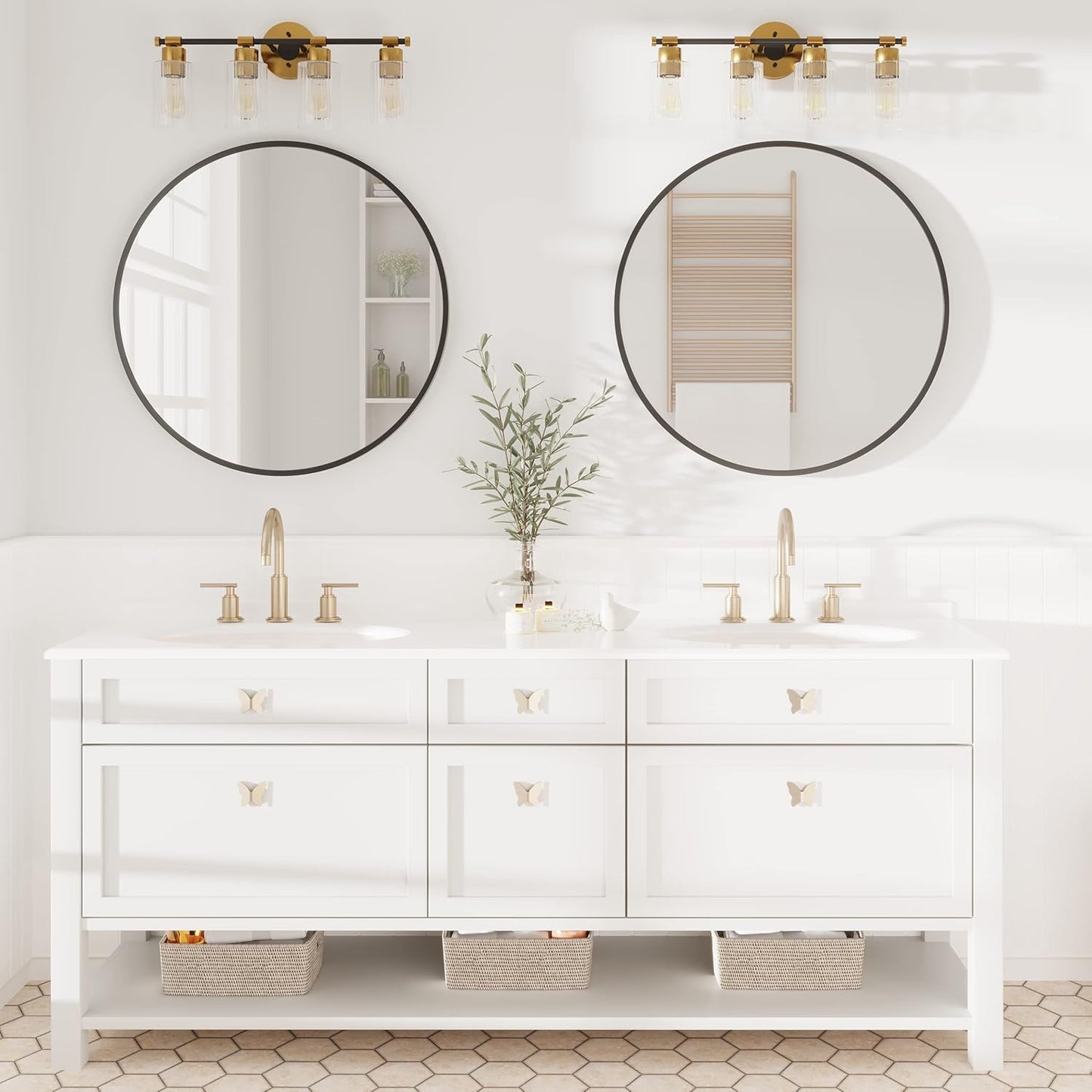 Inlight 23" Wide 4-Light Brass Gold Bathroom Vanity Light, Modern Black Bath Lighting, Clear Ribbed Glass Shade Wall Sconce, Bulb Not Included, IN-0445-4-GD