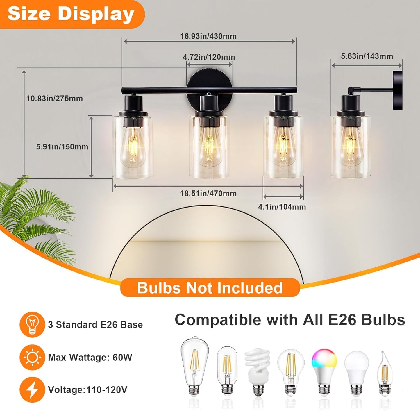 DLLT 3-Light Bathroom Light Fixtures: Black Modern Vanity Lights with 3 E26 Bulbs Base - Clear Glass Shade Bathroom Wall Lamp for Mirror Kitchen Living Room - 2 Packs